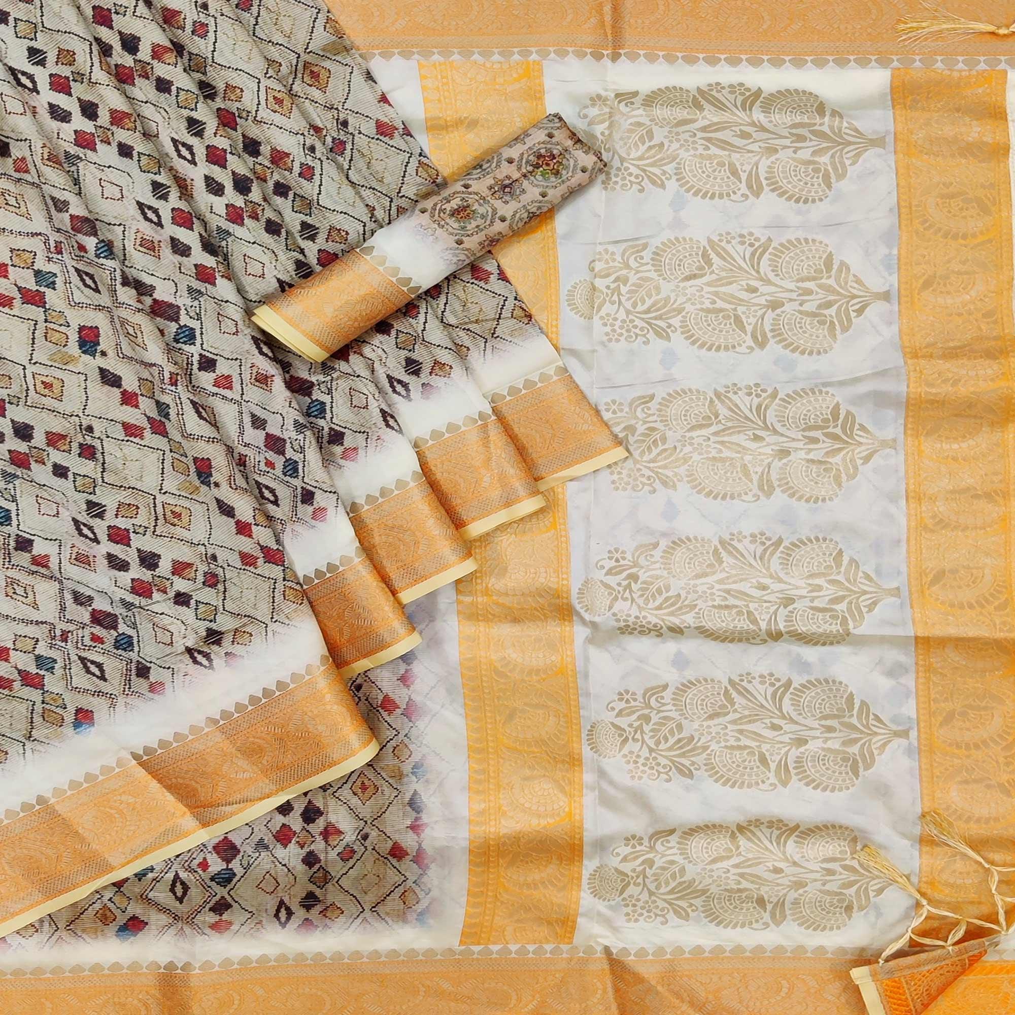 Grey Festive Wear Woven With Digital Printed Silk Saree - Peachmode