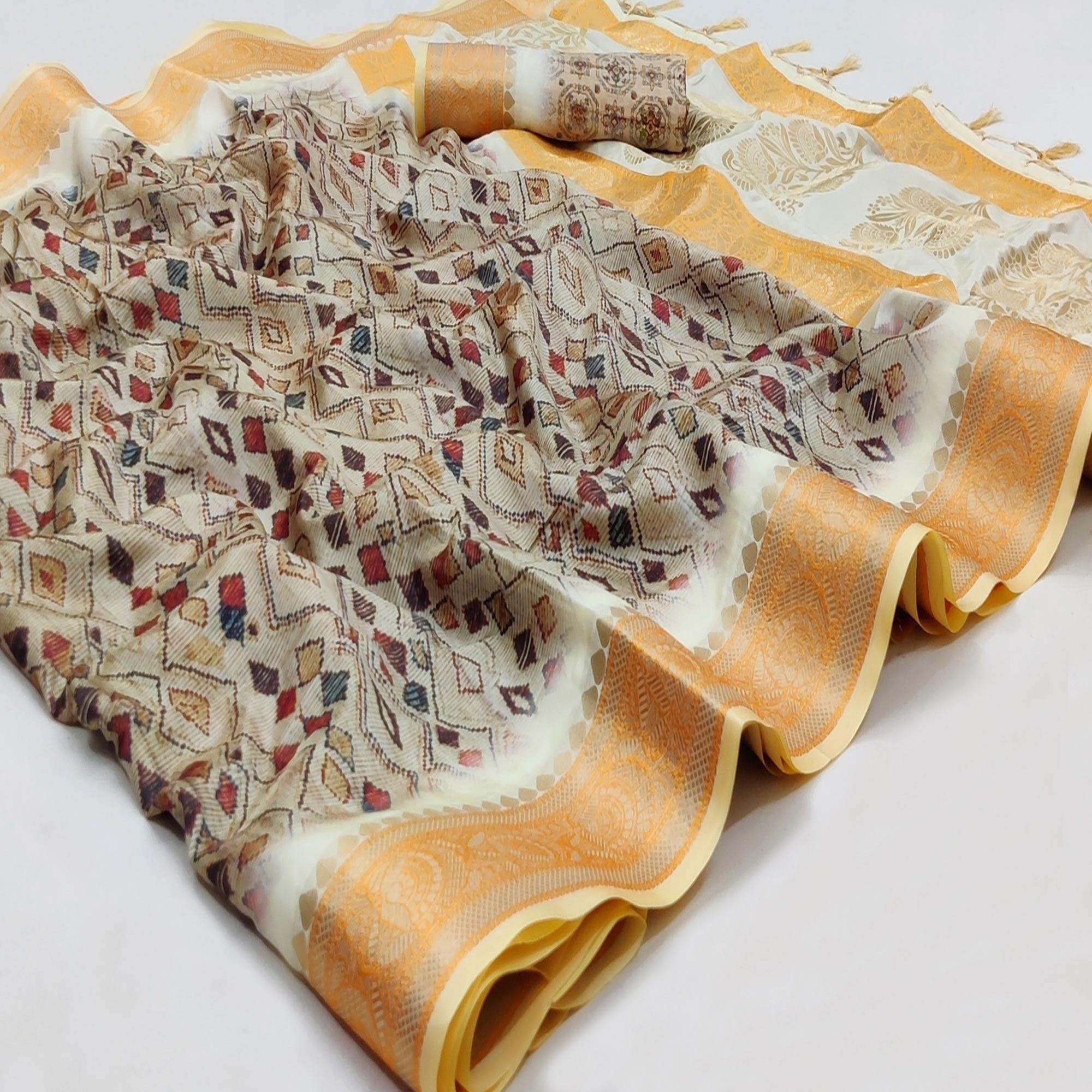 Grey Festive Wear Woven With Digital Printed Silk Saree - Peachmode