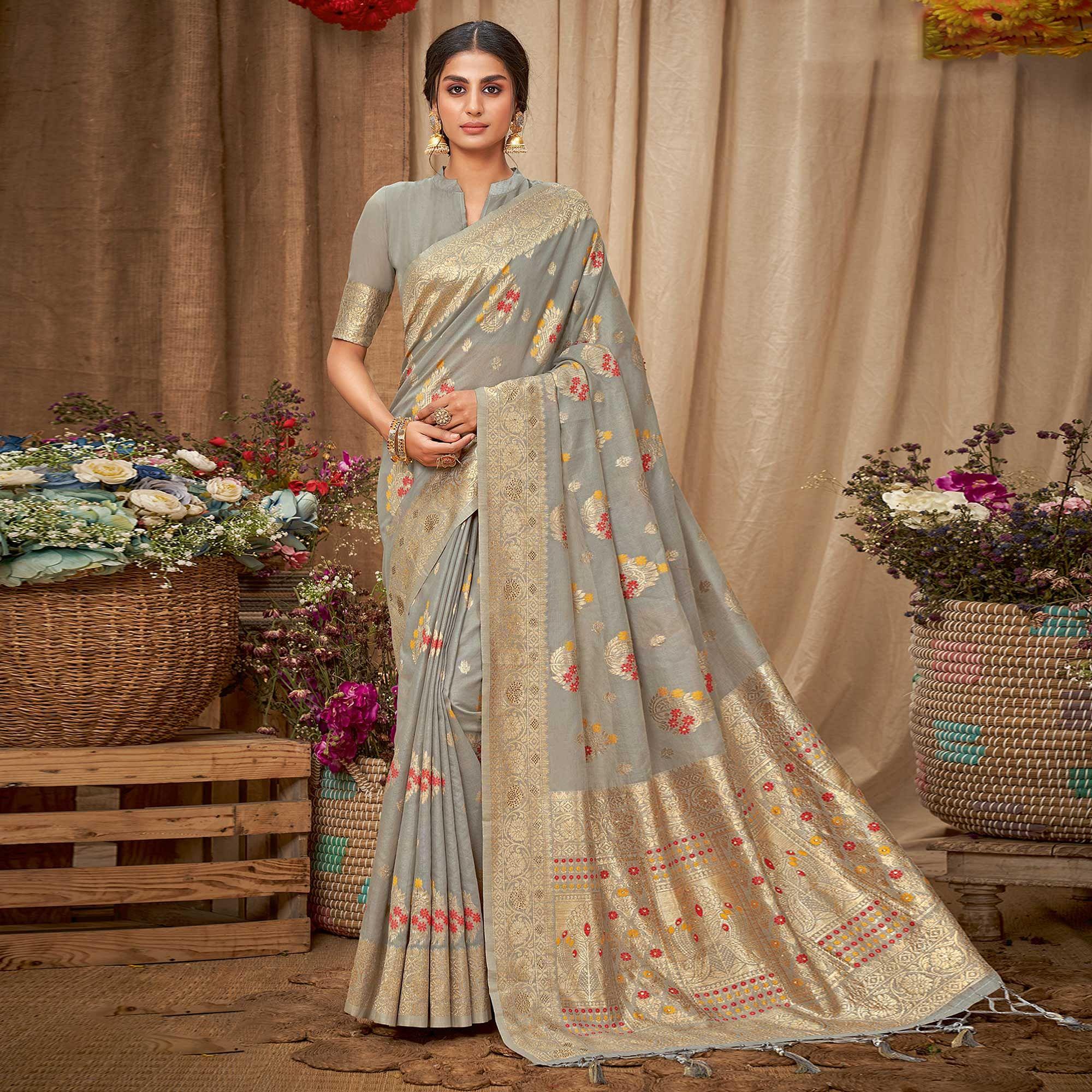 Grey Festive Wear Woven With Embellished Cotton Saree With Tassels - Peachmode