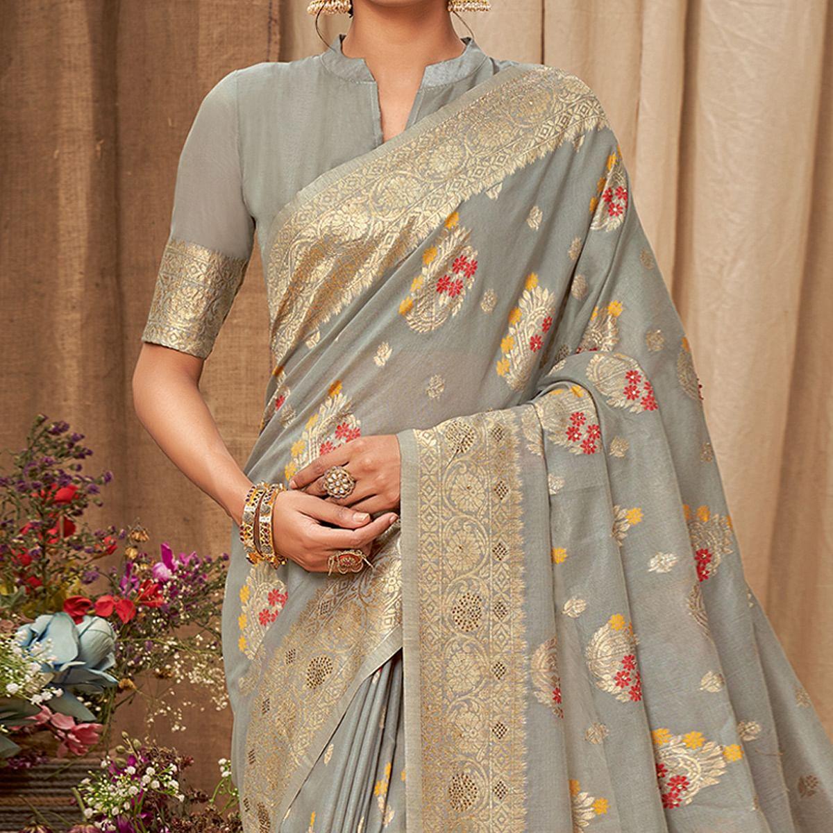Grey Festive Wear Woven With Embellished Cotton Saree With Tassels - Peachmode