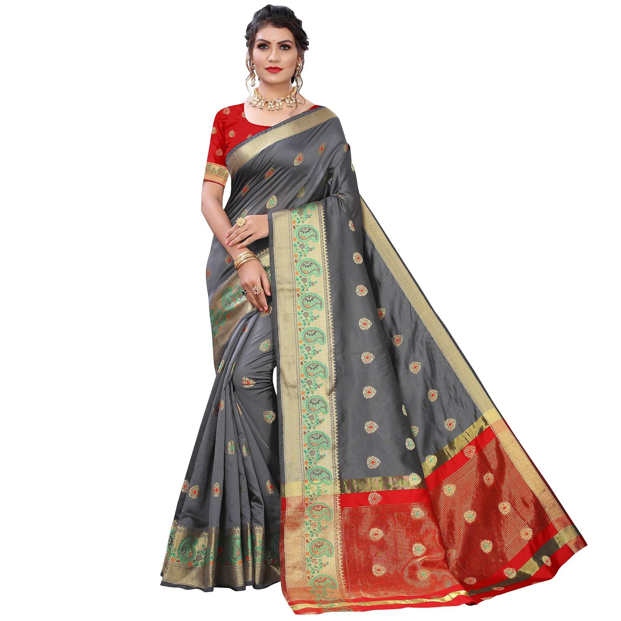 Grey Festive Wear Woven With Meena Butta Lining Pallu Soft Silk Saree - Peachmode
