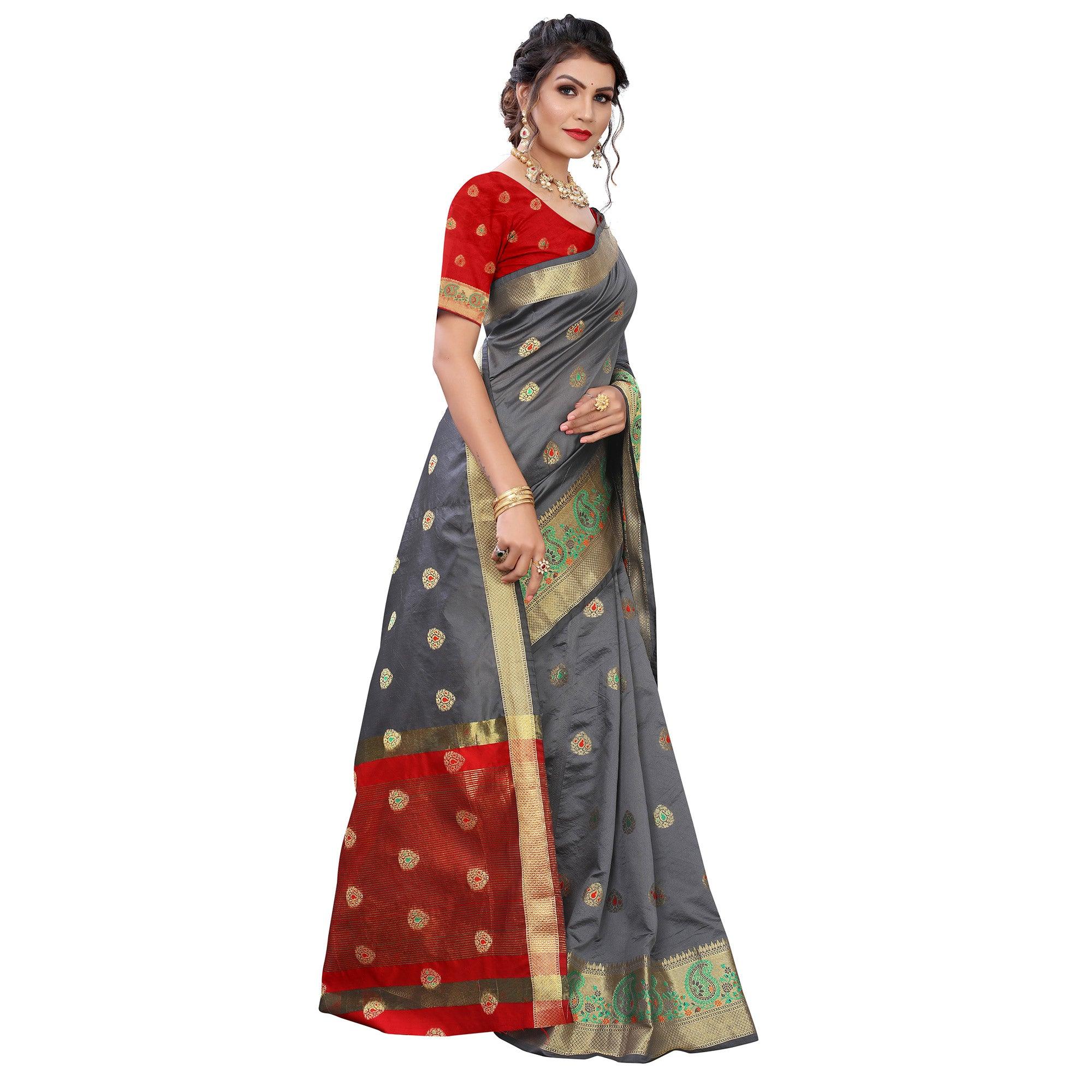 Grey Festive Wear Woven With Meena Butta Lining Pallu Soft Silk Saree - Peachmode