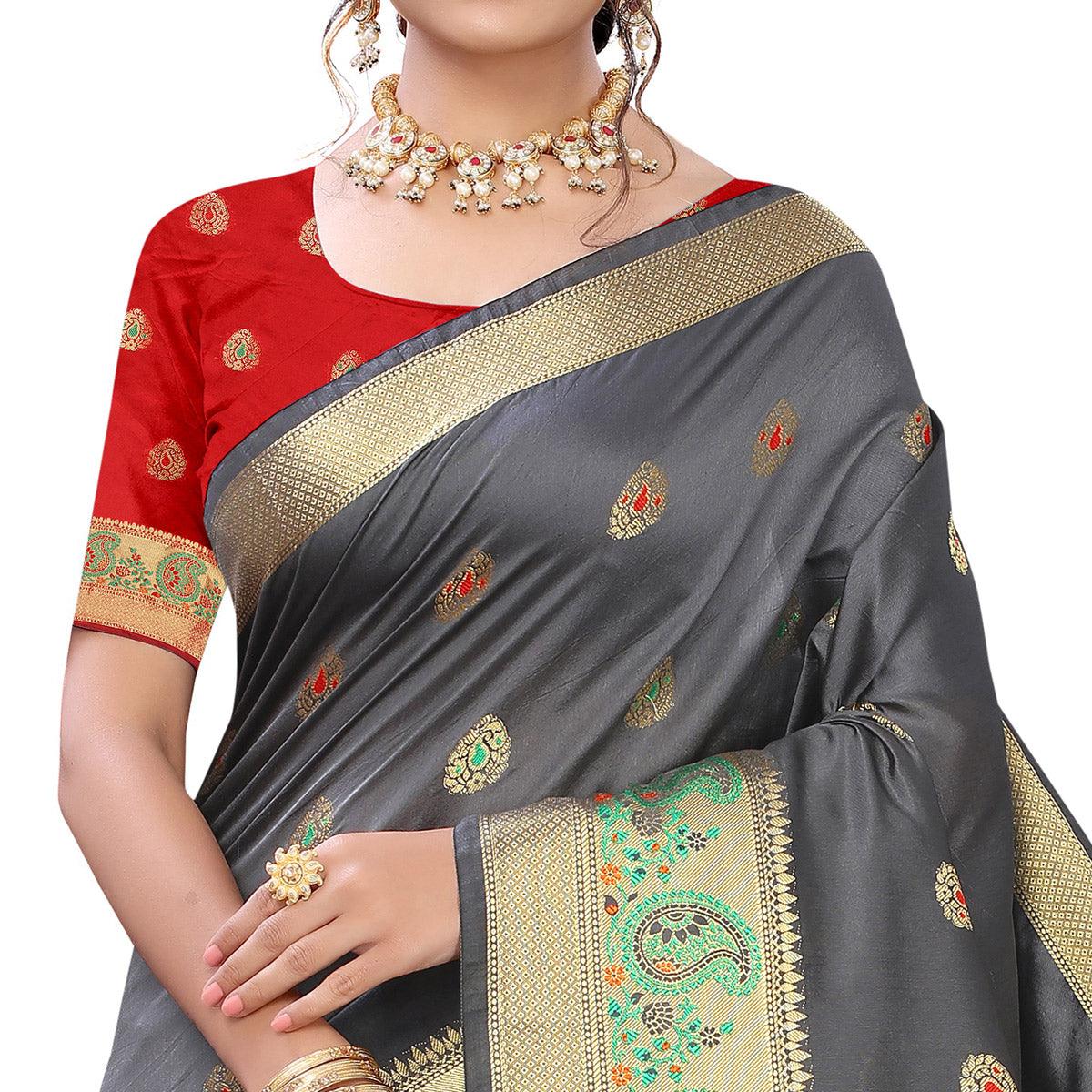 Grey Festive Wear Woven With Meena Butta Lining Pallu Soft Silk Saree - Peachmode