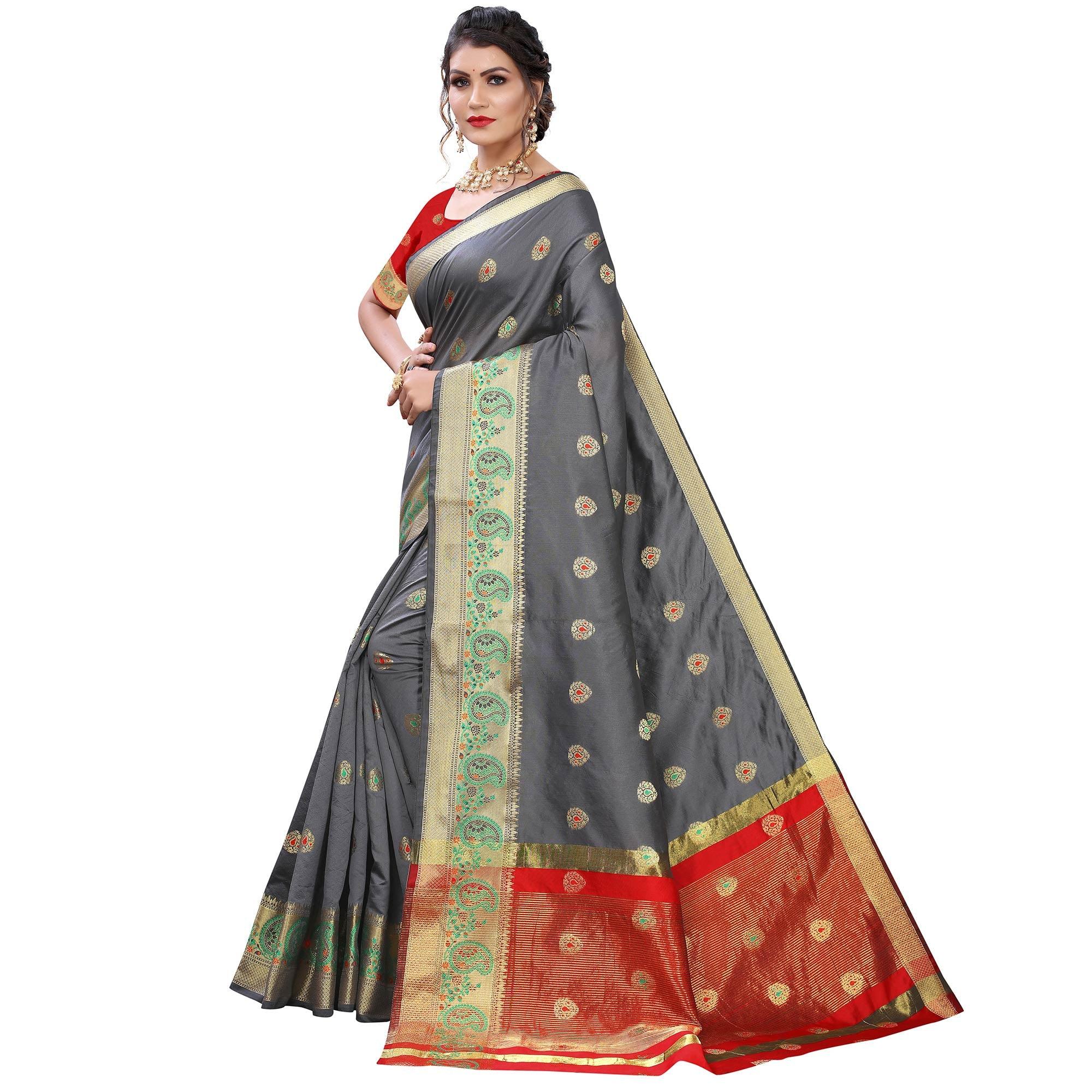 Grey Festive Wear Woven With Meena Butta Lining Pallu Soft Silk Saree - Peachmode