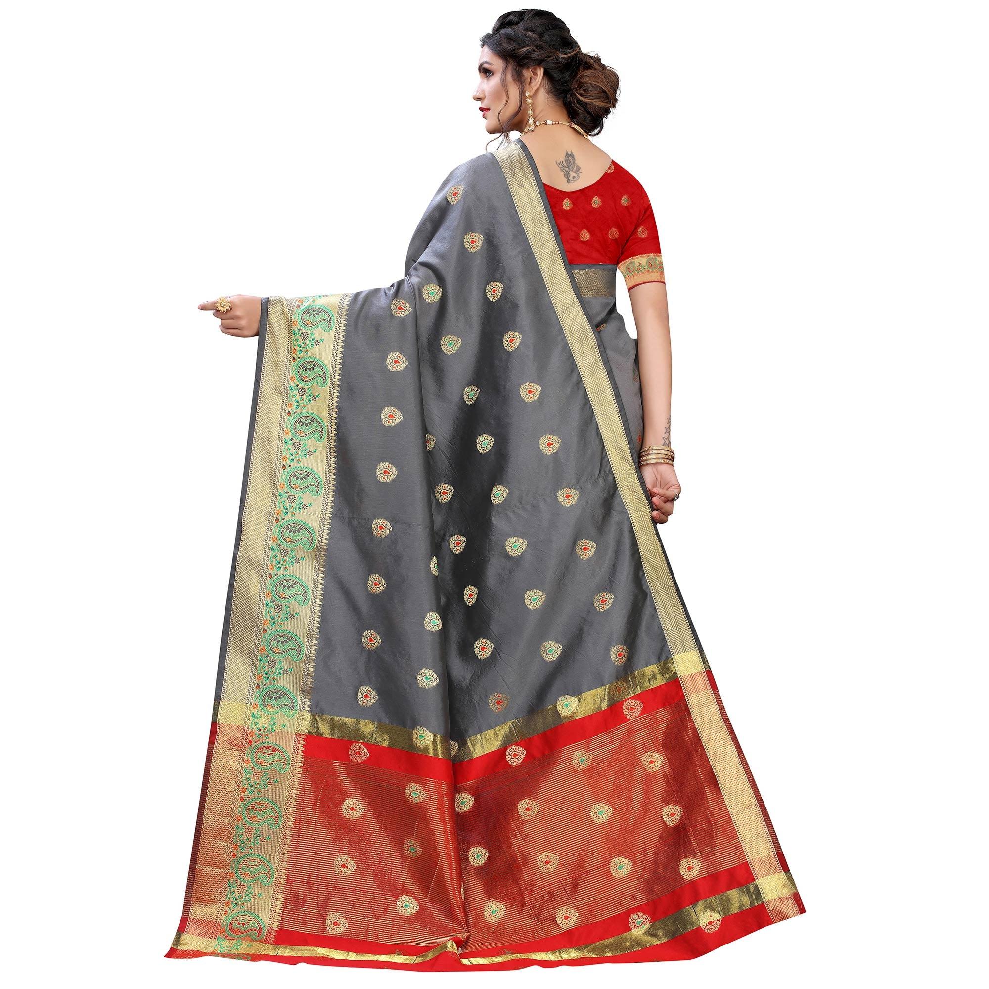 Grey Festive Wear Woven With Meena Butta Lining Pallu Soft Silk Saree - Peachmode