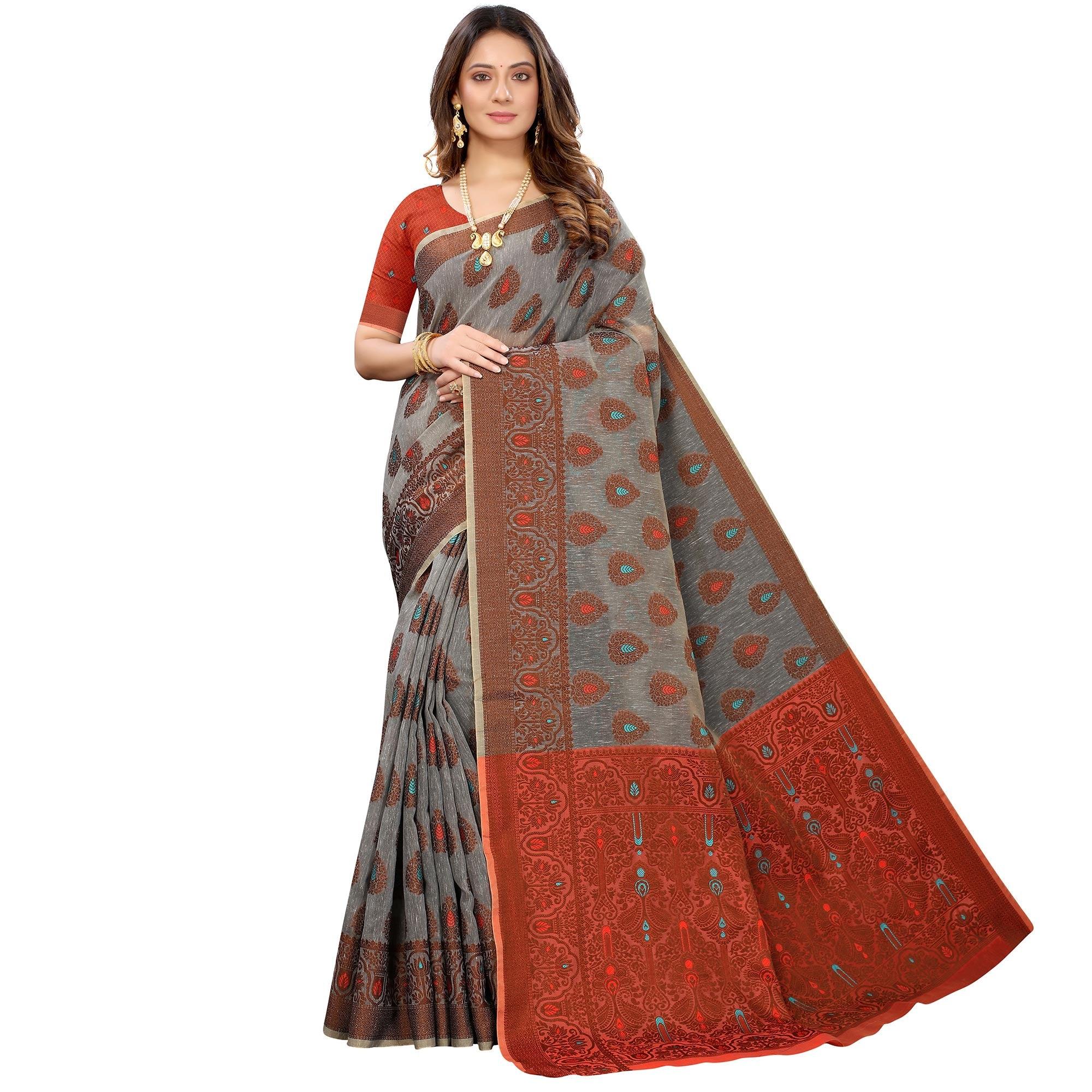 Grey Festive Wear Woven With Meena Butta Rich Pallu Cotton Saree - Peachmode