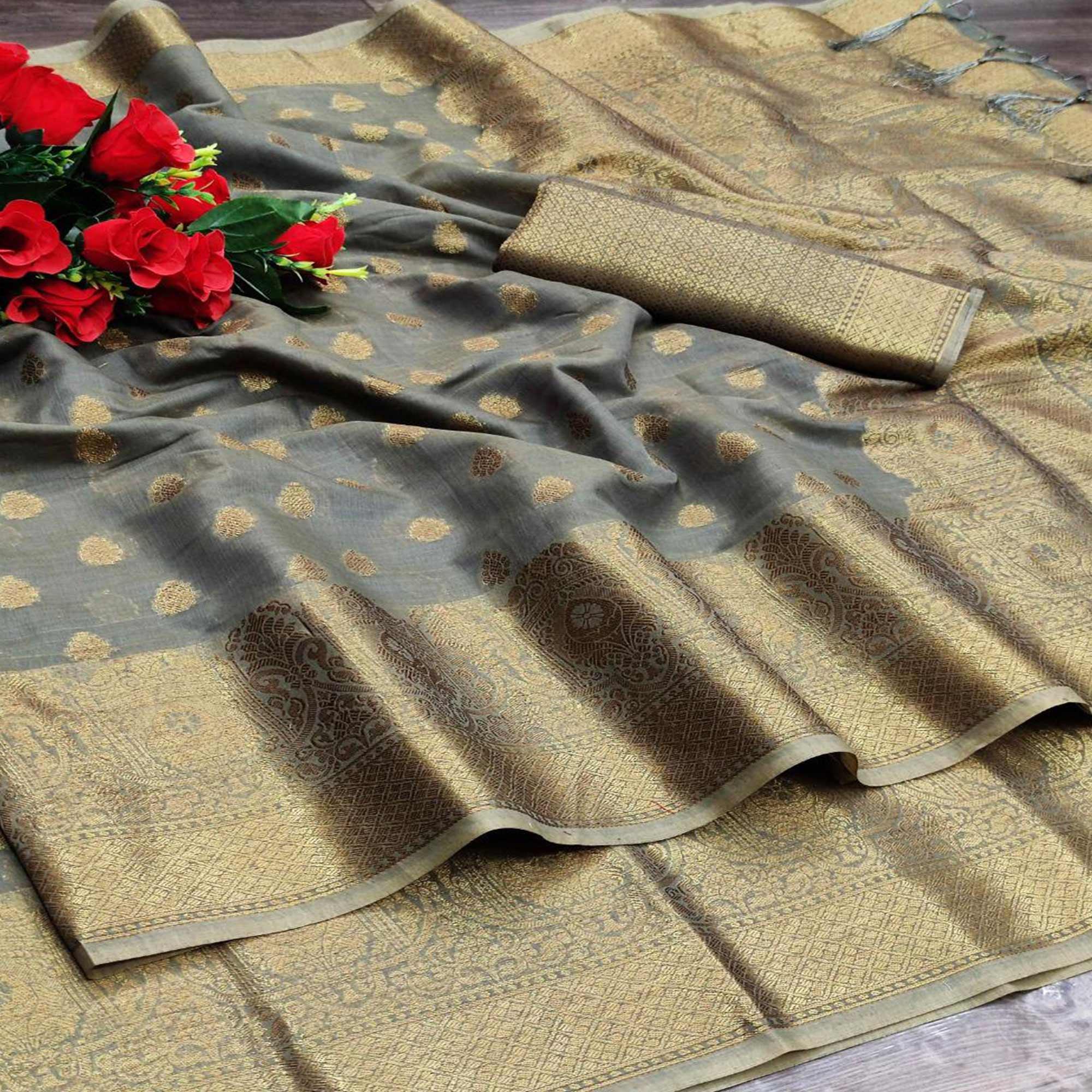 Grey Festive Wear Woven With  Meena Butta Rich Pallu Cotton Saree - Peachmode