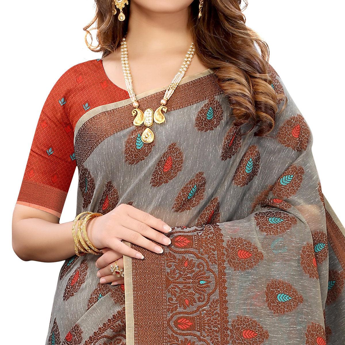 Grey Festive Wear Woven With Meena Butta Rich Pallu Cotton Saree - Peachmode