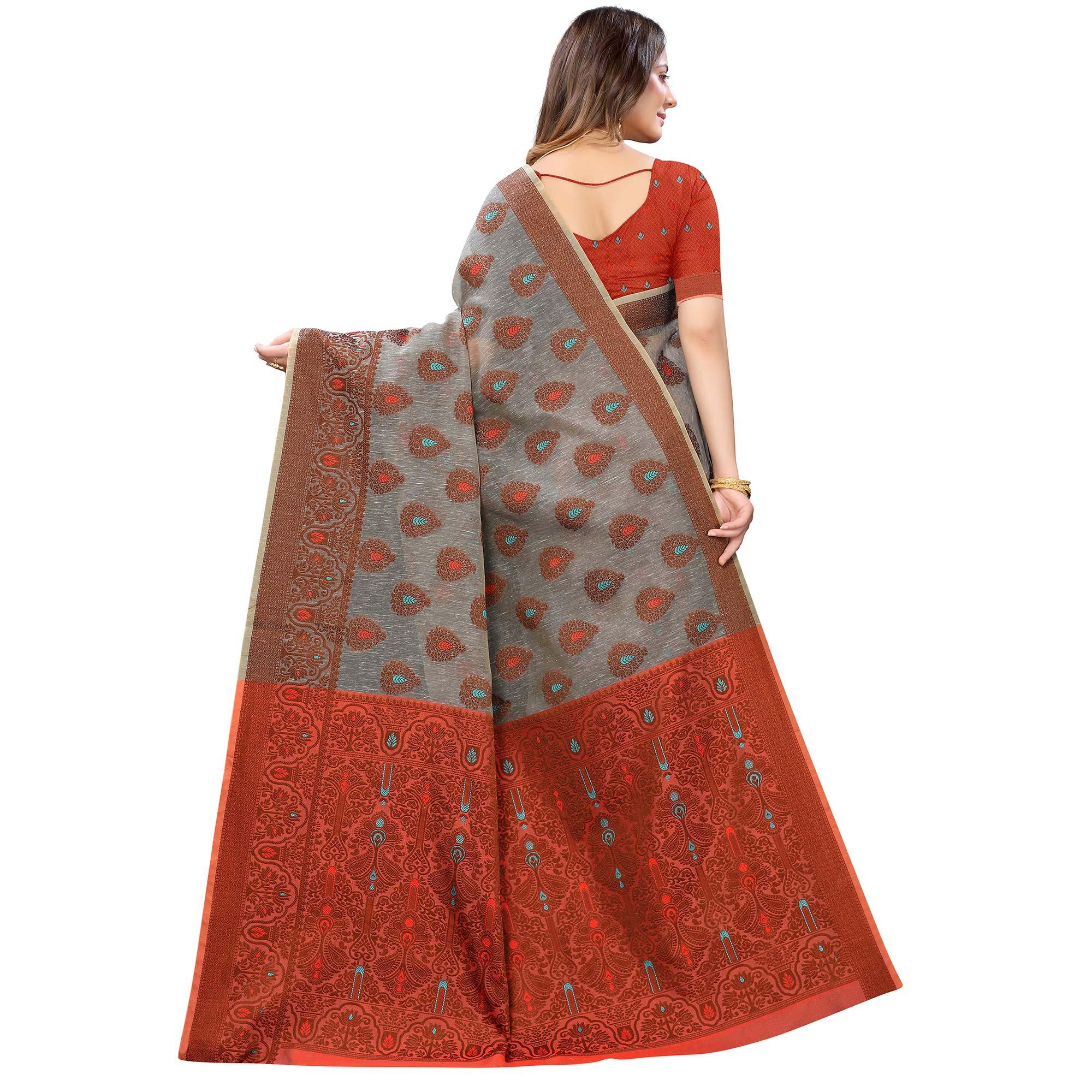 Grey Festive Wear Woven With Meena Butta Rich Pallu Cotton Saree - Peachmode