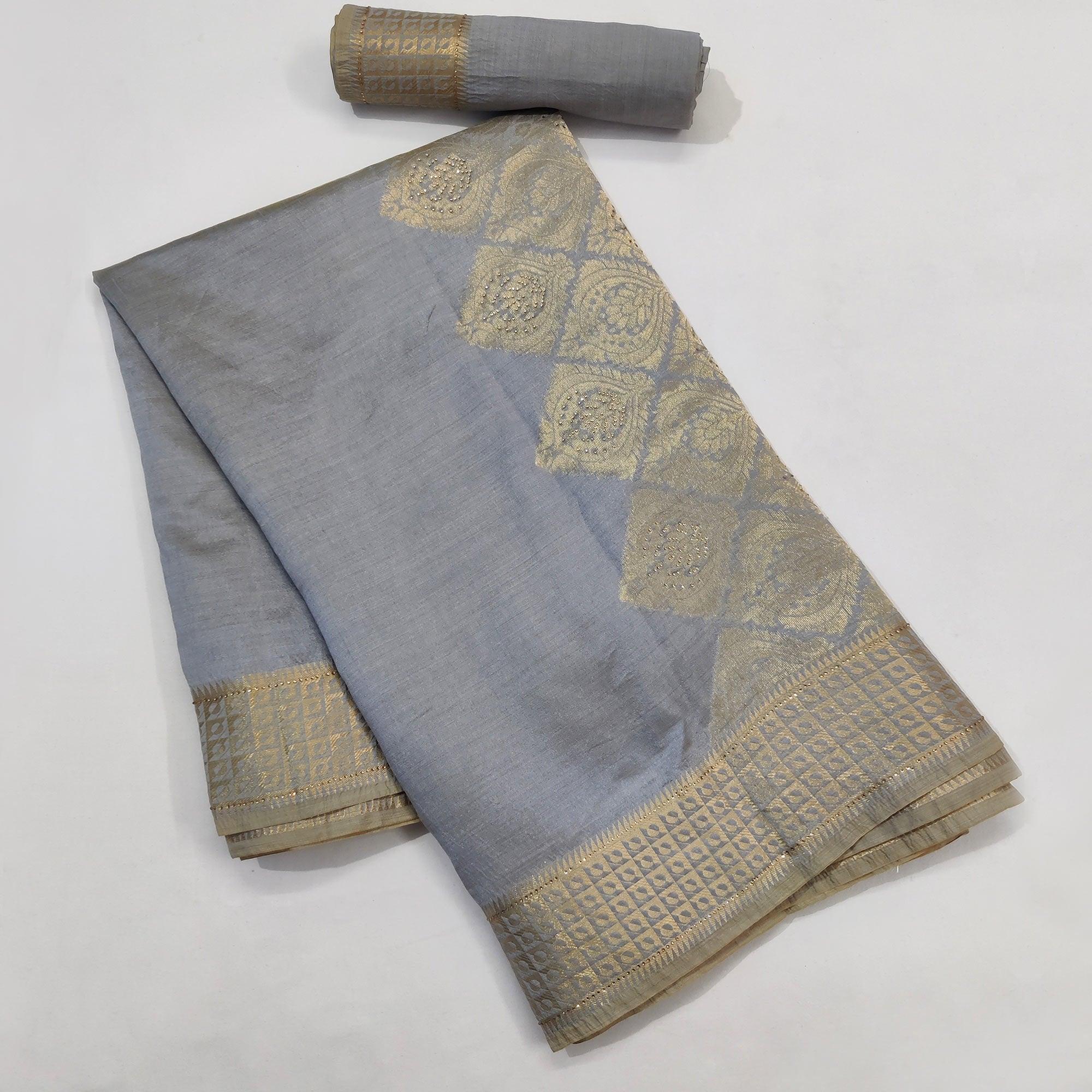 Grey Festive Wear Woven With Stone Work Silk Saree - Peachmode