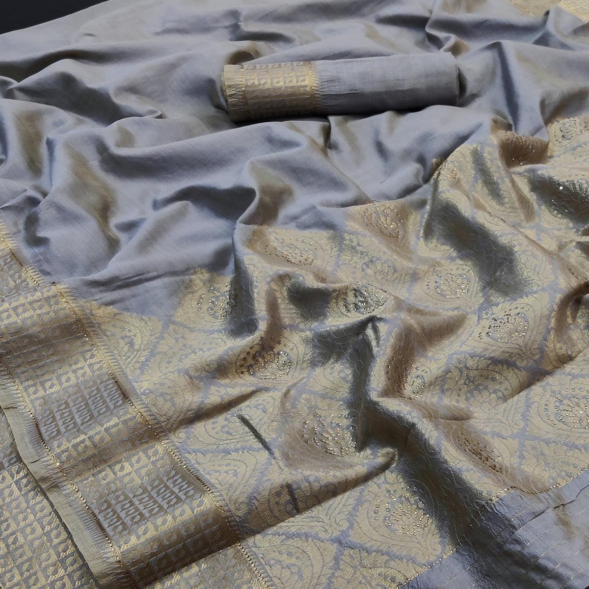 Grey Festive Wear Woven With Stone Work Silk Saree - Peachmode