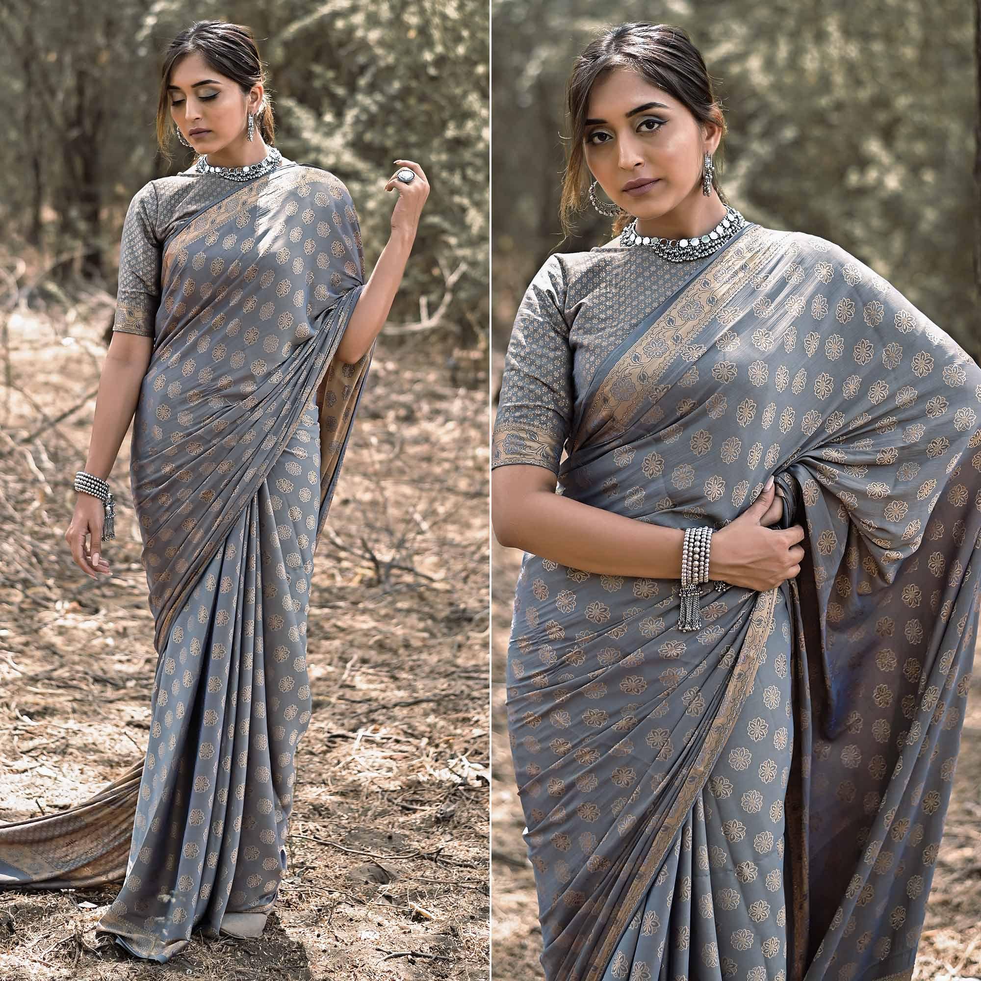 Grey Festive Wear Woven With Swarovski Art Silk Saree - Peachmode
