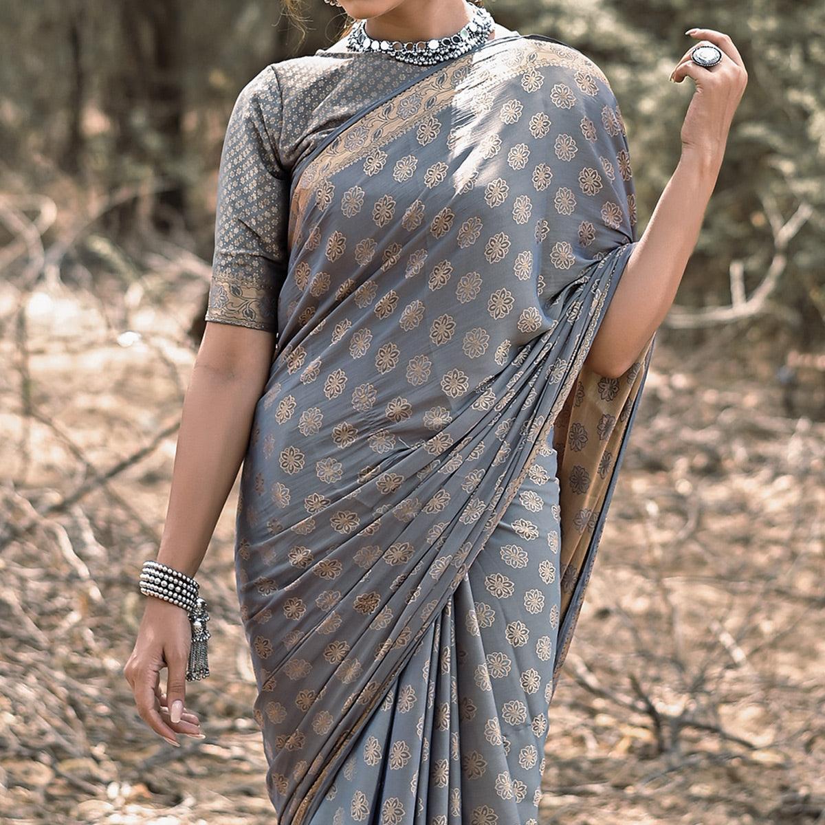 Grey Festive Wear Woven With Swarovski Art Silk Saree - Peachmode