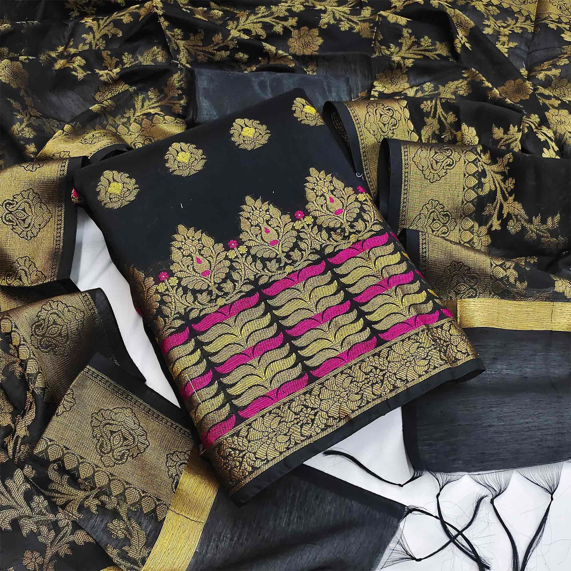 Grey Festive Wear Woven Work with Tassels Banarasi Jacquard Dress Material - Peachmode
