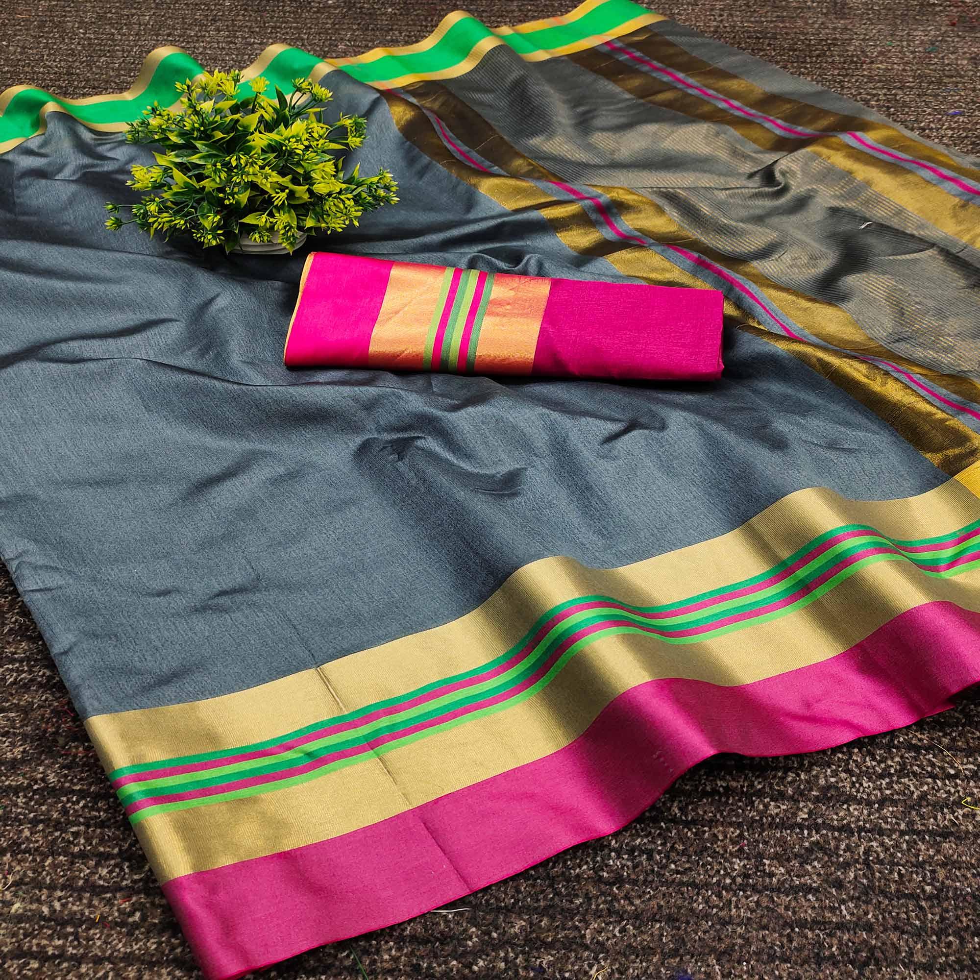 Grey Festive Wear Zari Border Cotton Blend Saree - Peachmode
