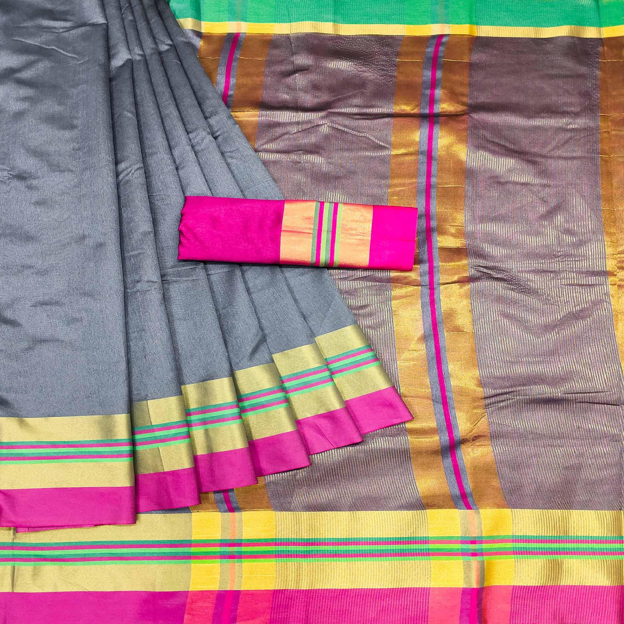 Grey Festive Wear Zari Border Cotton Blend Saree - Peachmode