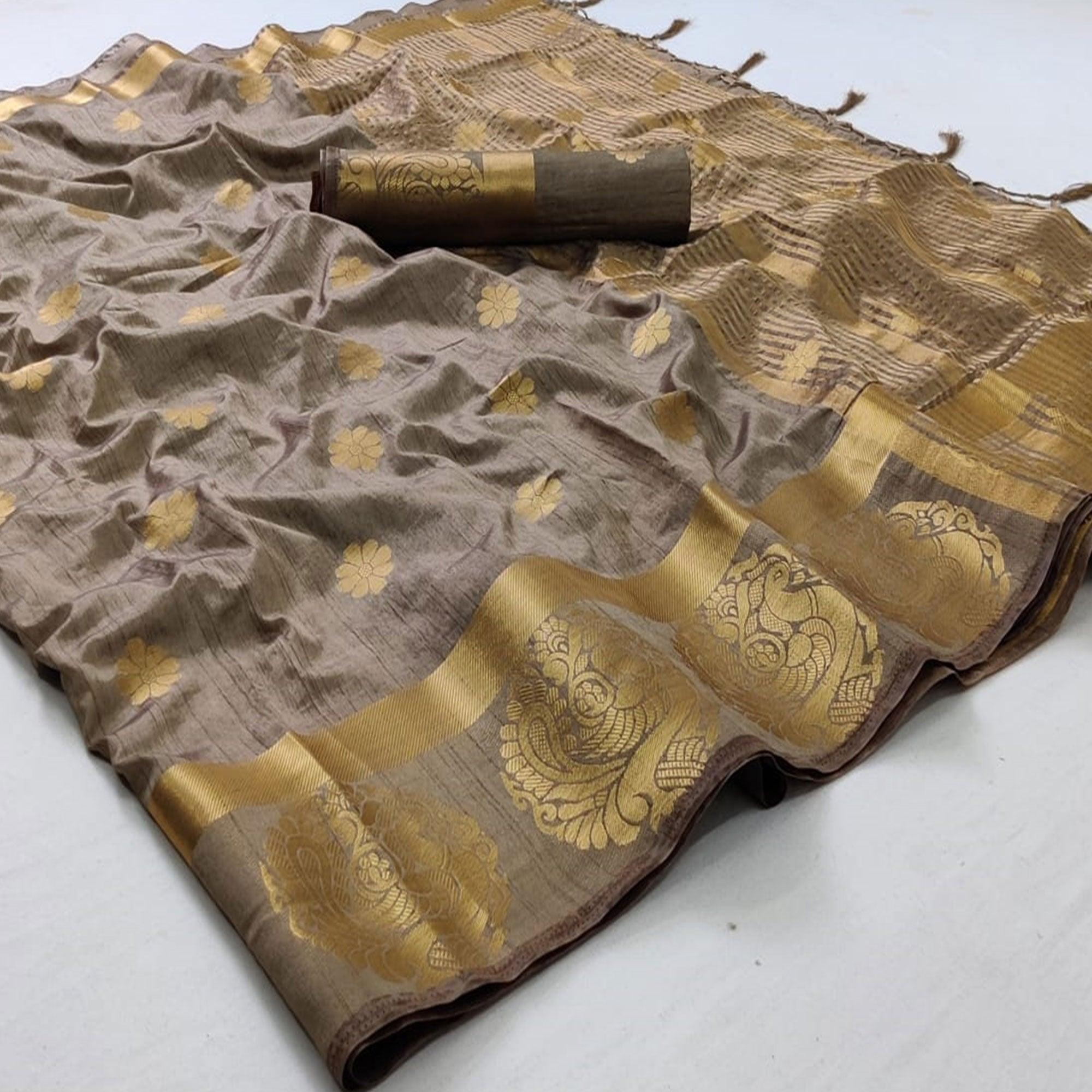 Grey Festive Wear Zari Butta Woven Art Raw Silk Saree - Peachmode
