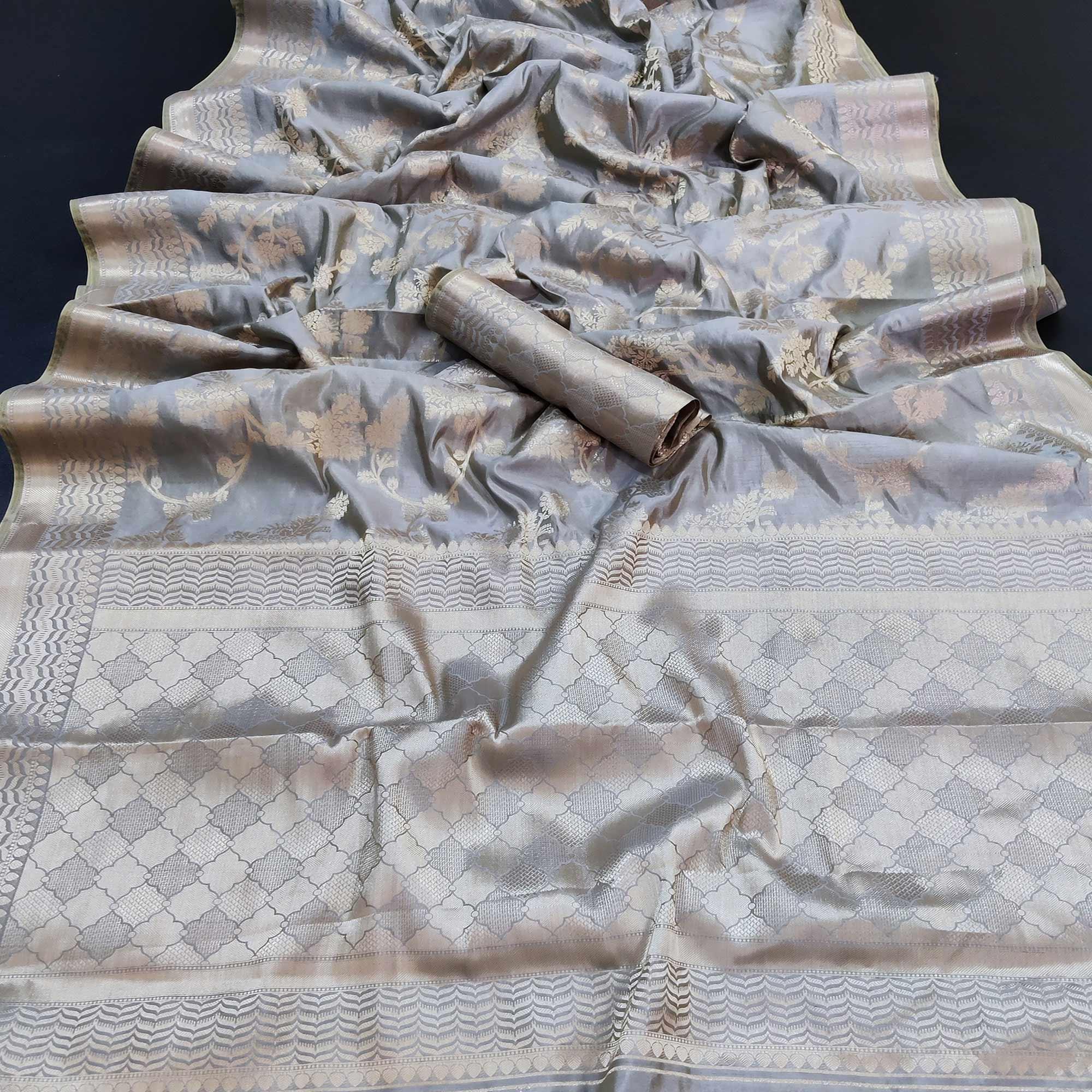 Grey Festive Wear Zari Woven Art Silk Saree - Peachmode