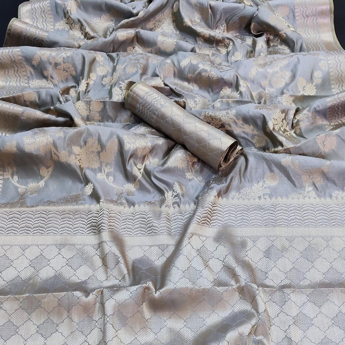 Grey Festive Wear Zari Woven Art Silk Saree - Peachmode