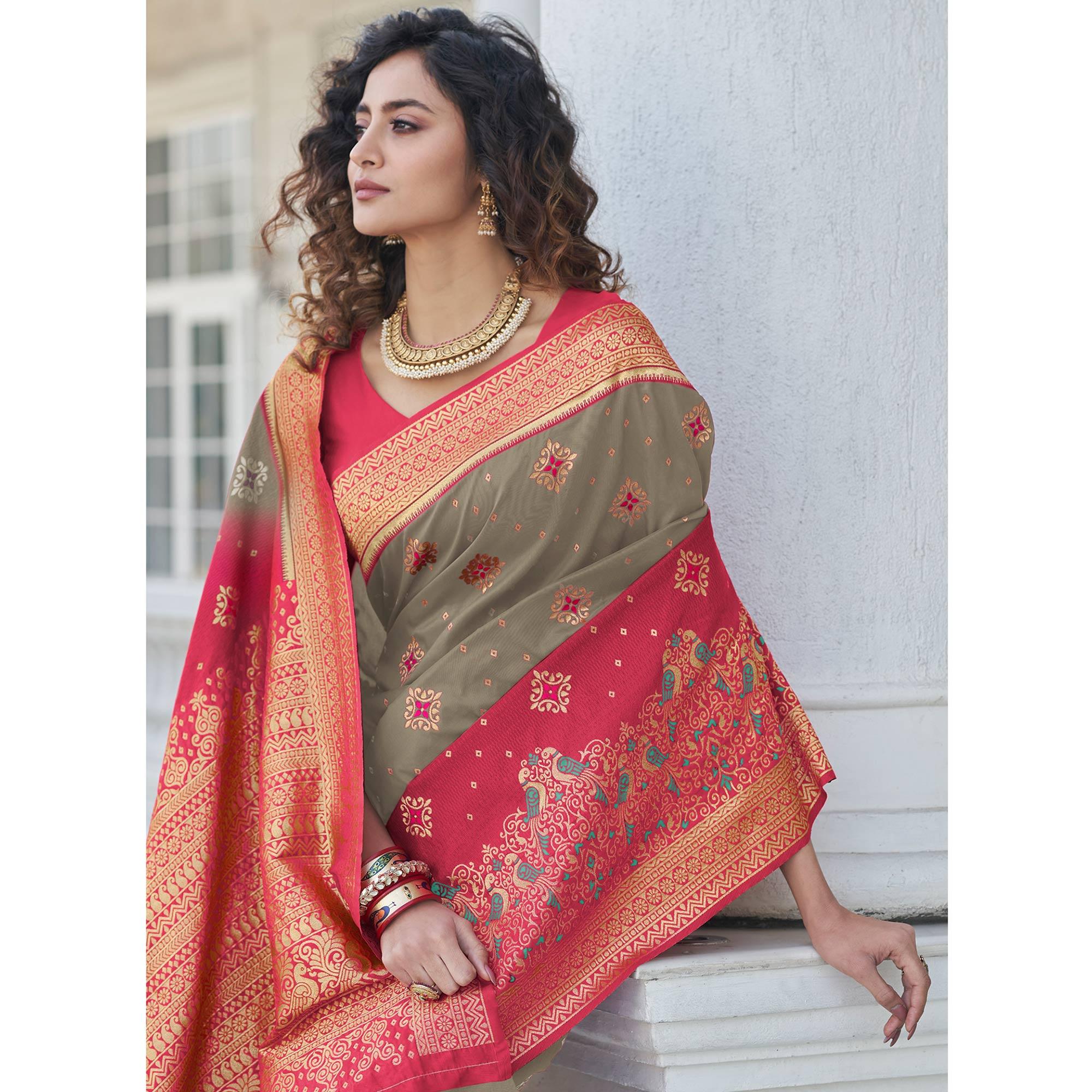 Grey Festive Wear Zari Woven Banarasi Silk Saree - Peachmode