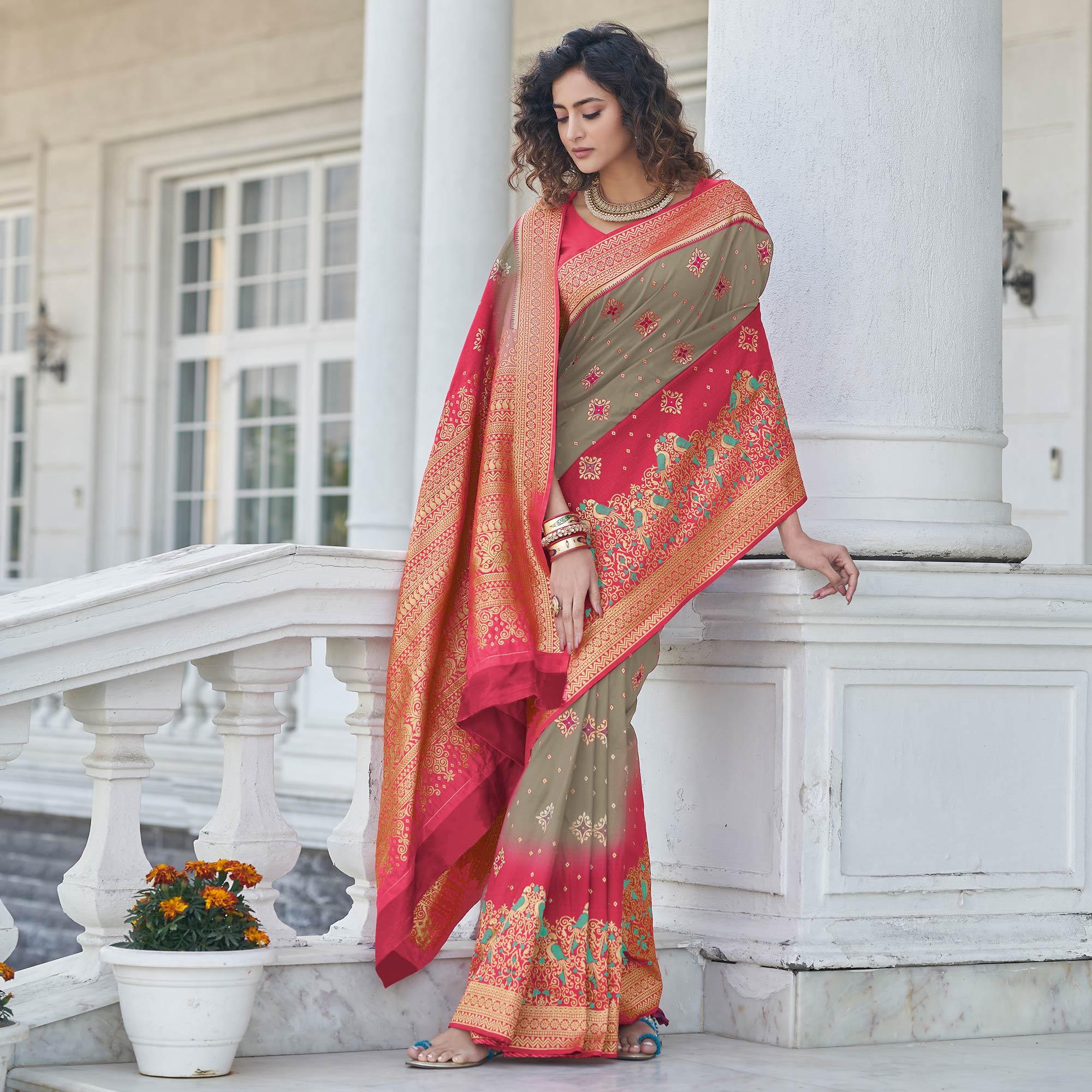 Grey Festive Wear Zari Woven Banarasi Silk Saree - Peachmode