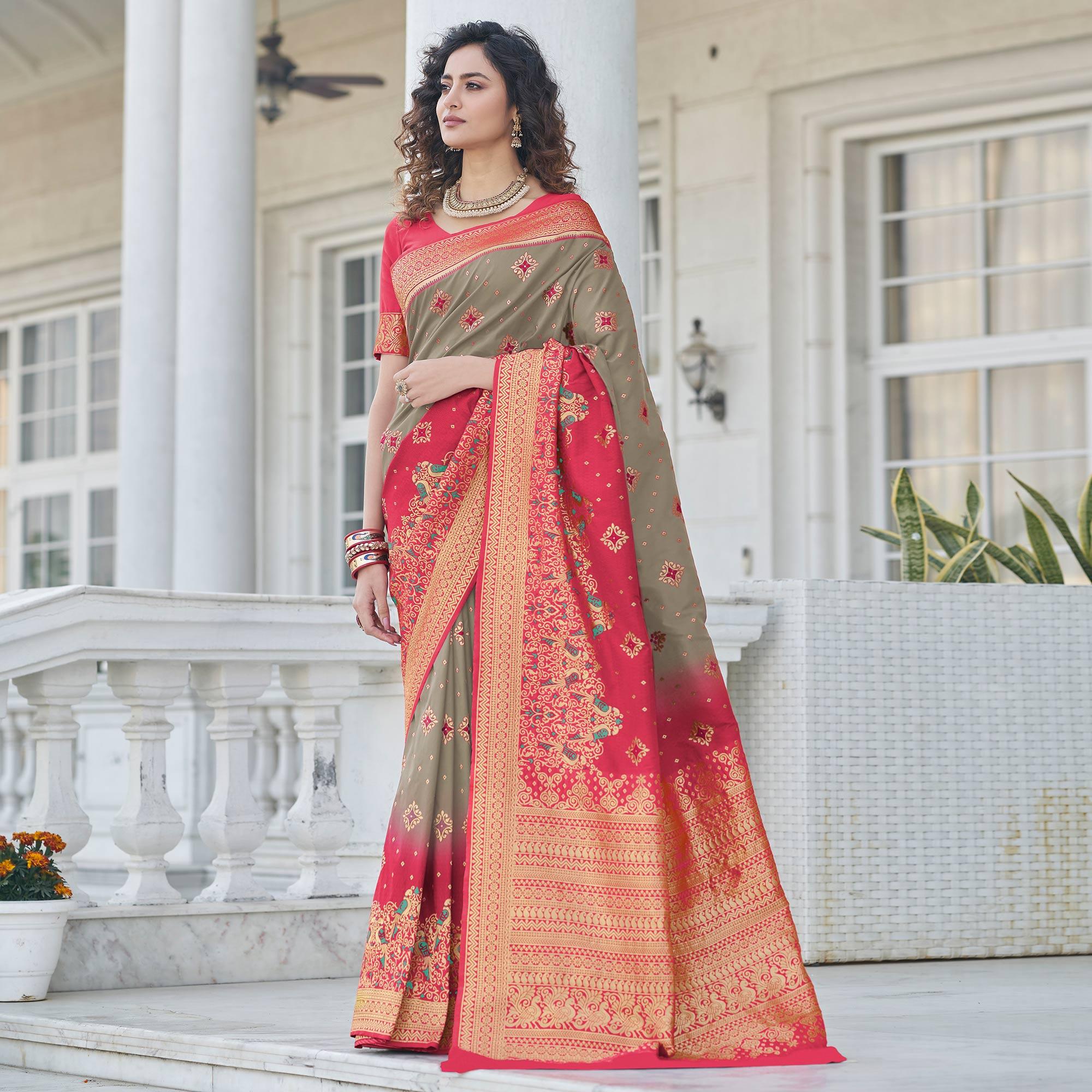 Grey Festive Wear Zari Woven Banarasi Silk Saree - Peachmode