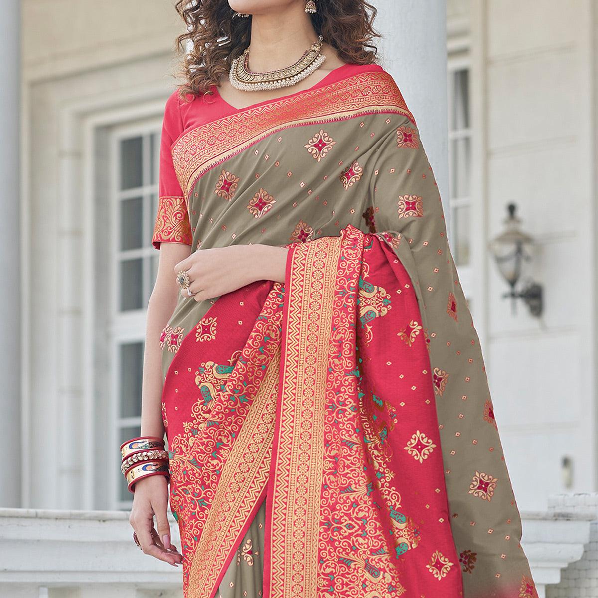 Grey Festive Wear Zari Woven Banarasi Silk Saree - Peachmode