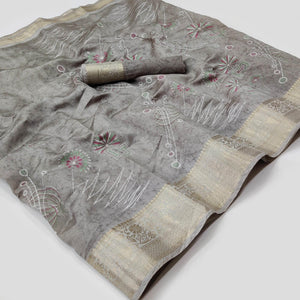 Grey Floral And Geometric Printed Dola Silk Saree - Peachmode