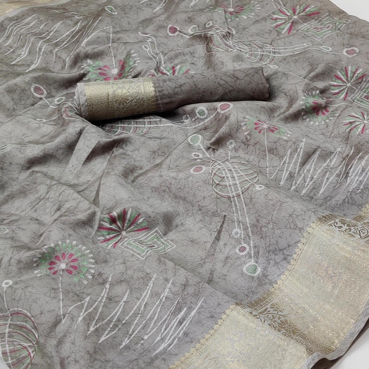 Grey Floral And Geometric Printed Dola Silk Saree - Peachmode