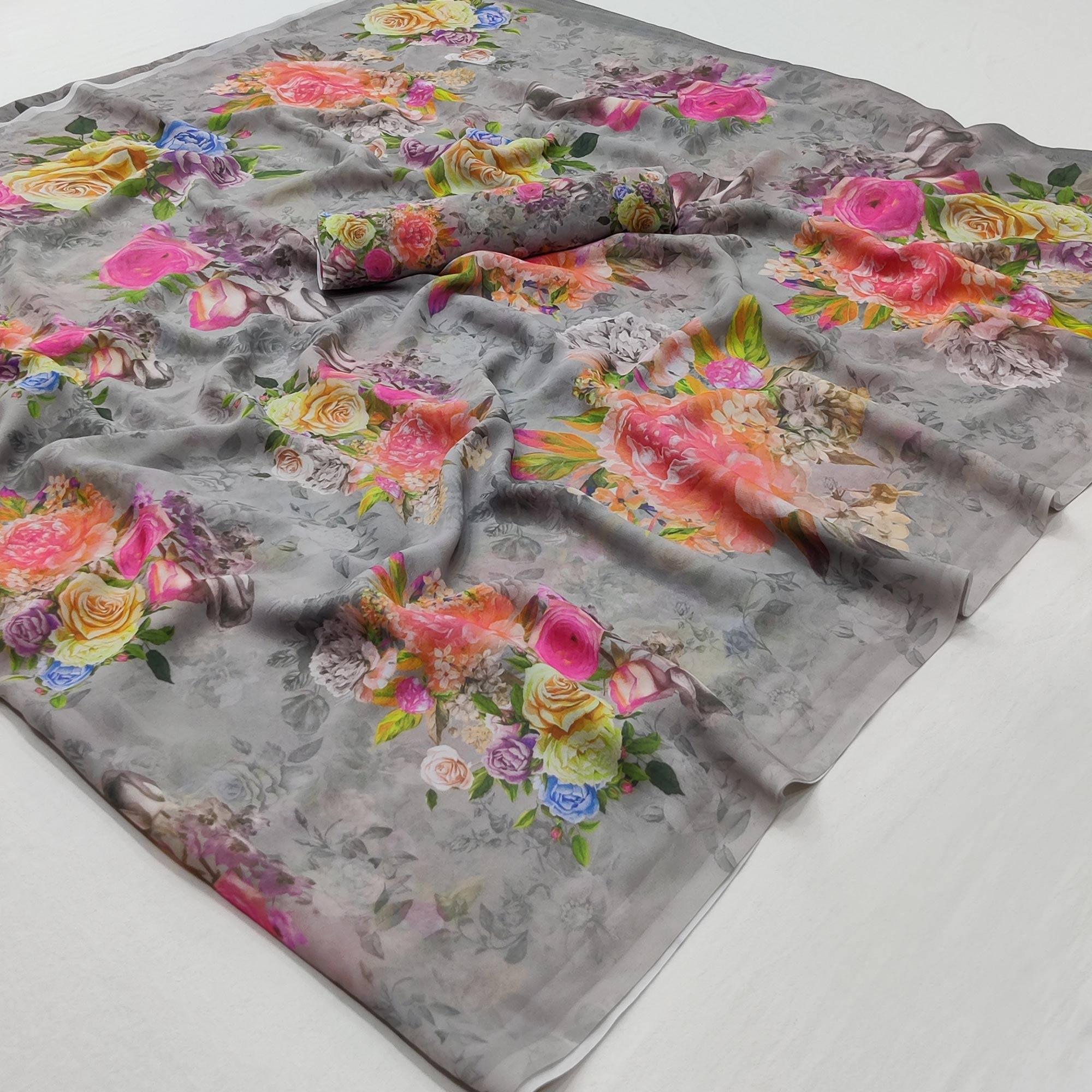 Grey Floral Digital Printed Georgette Saree - Peachmode