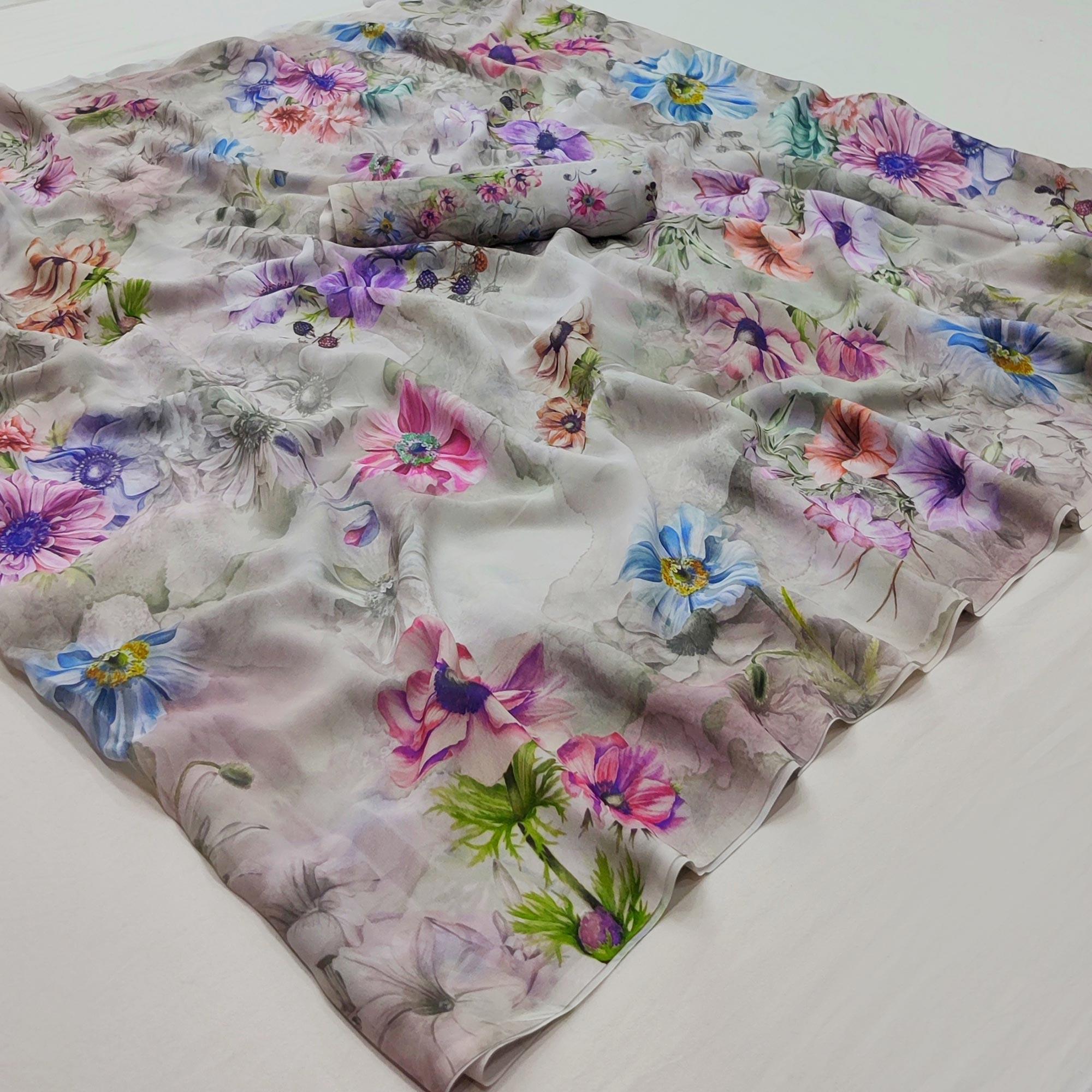 Grey Floral Digital Printed Georgette Saree - Peachmode