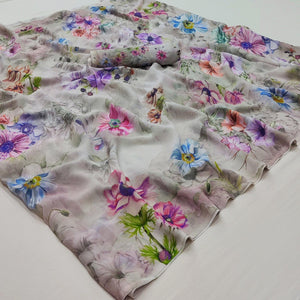 Grey Floral Digital Printed Georgette Saree - Peachmode