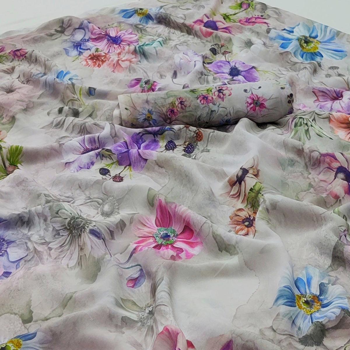 Grey Floral Digital Printed Georgette Saree - Peachmode