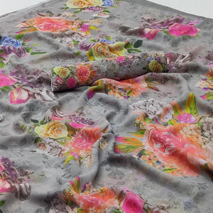 Grey Floral Digital Printed Georgette Saree - Peachmode