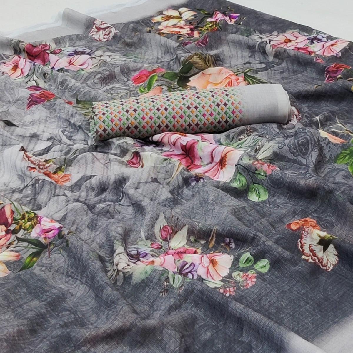 Grey Floral Digital Printed Georgette Saree - Peachmode