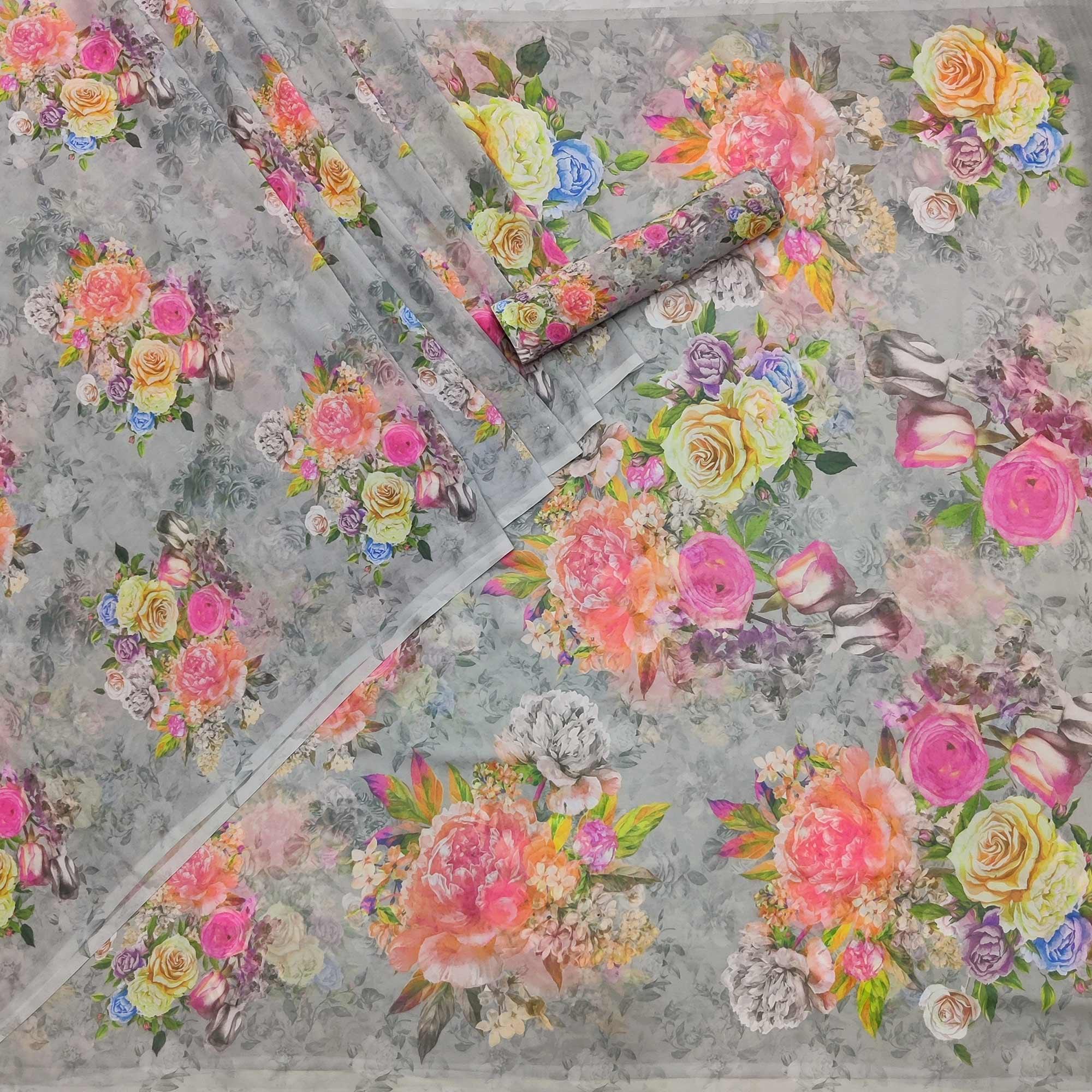 Grey Floral Digital Printed Georgette Saree - Peachmode