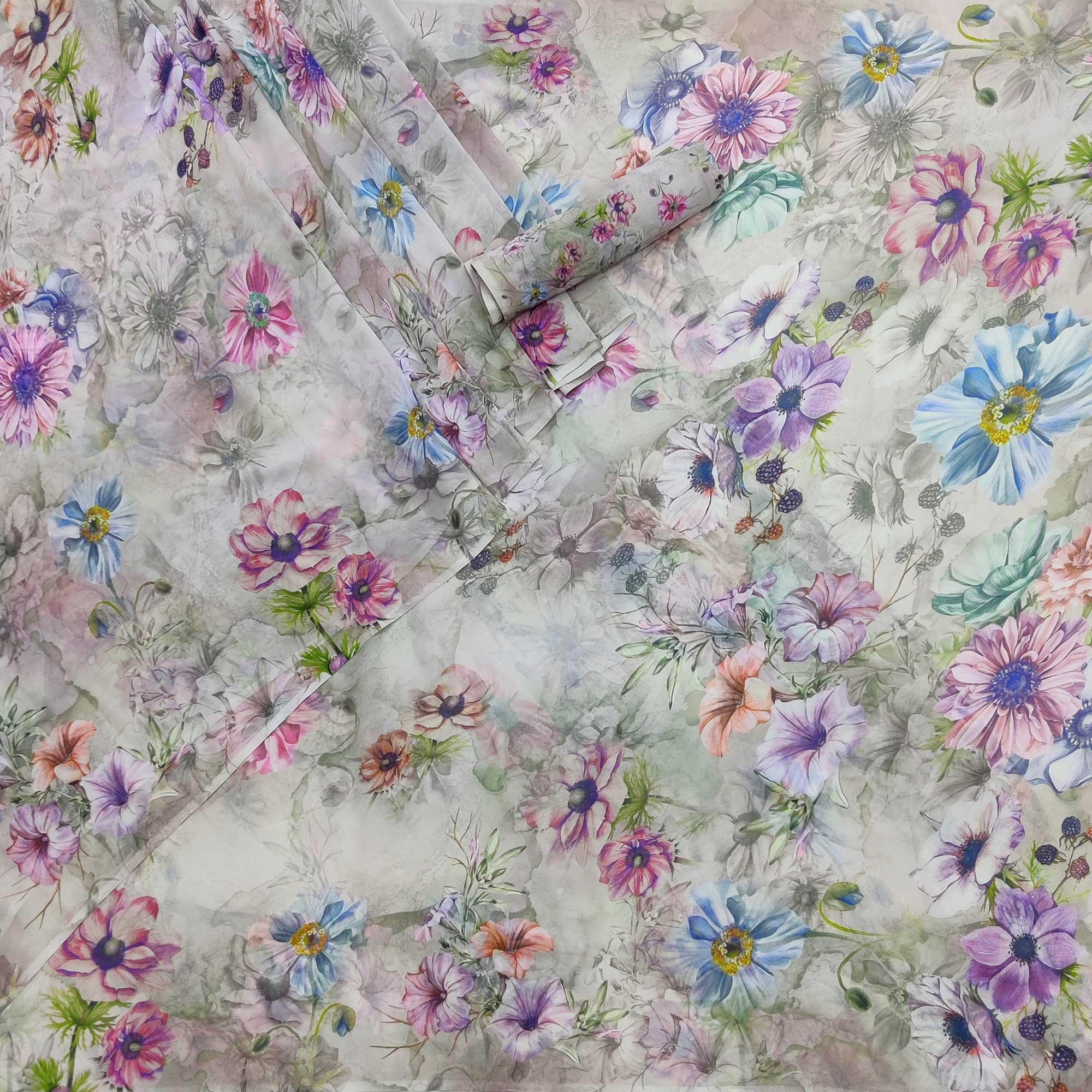 Grey Floral Digital Printed Georgette Saree - Peachmode