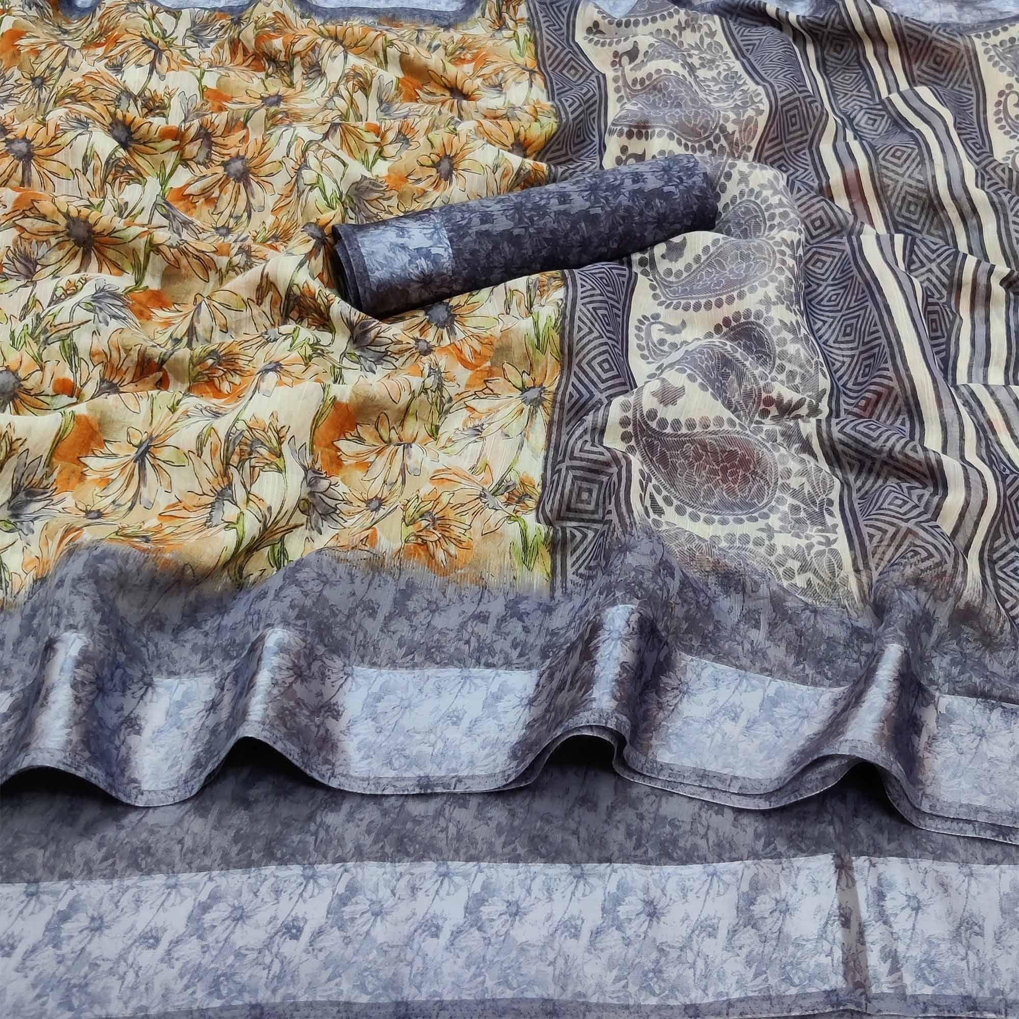 Grey Floral Digital Printed Linen Saree Satin Border - Peachmode