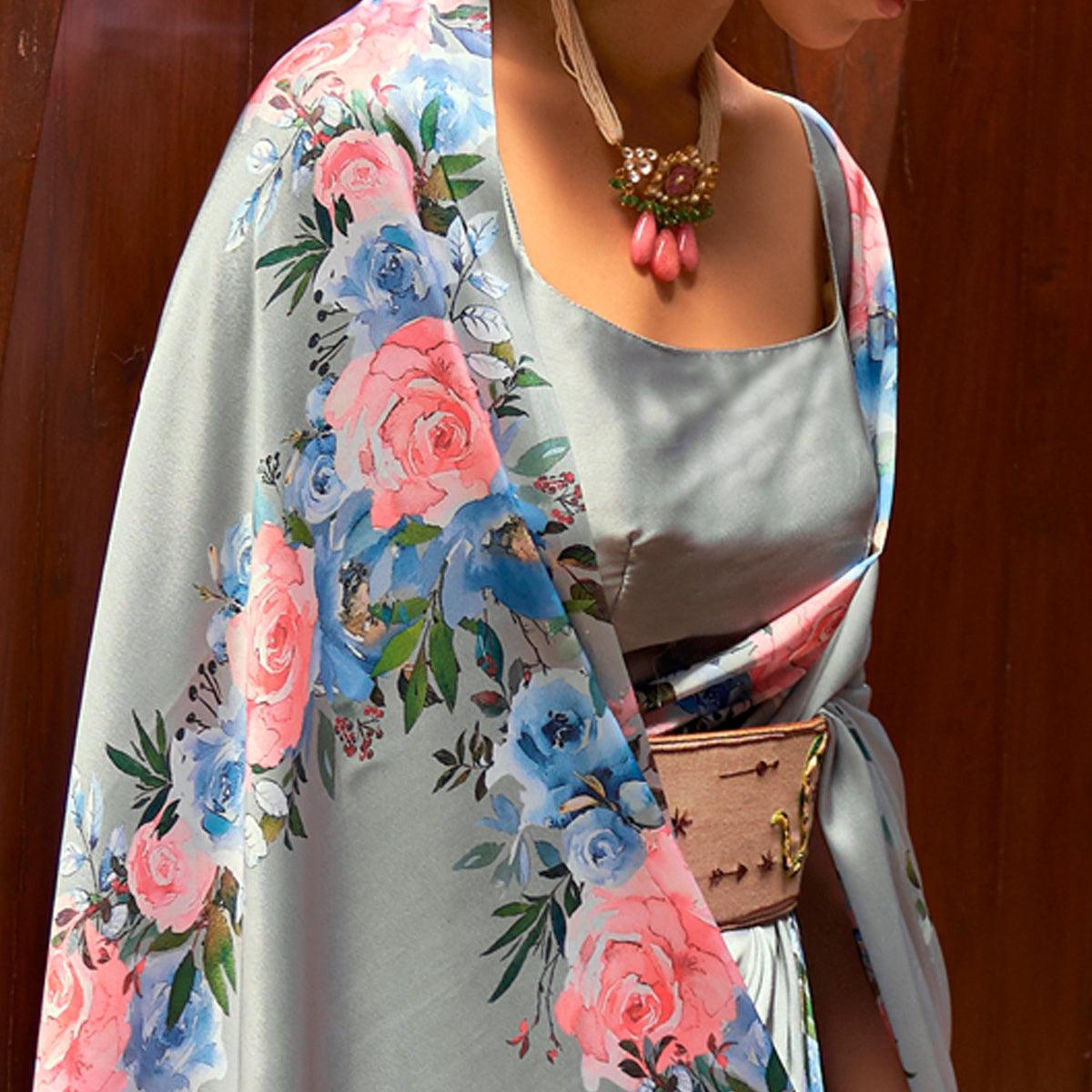 Grey Floral Digital Printed Satin Saree - Peachmode