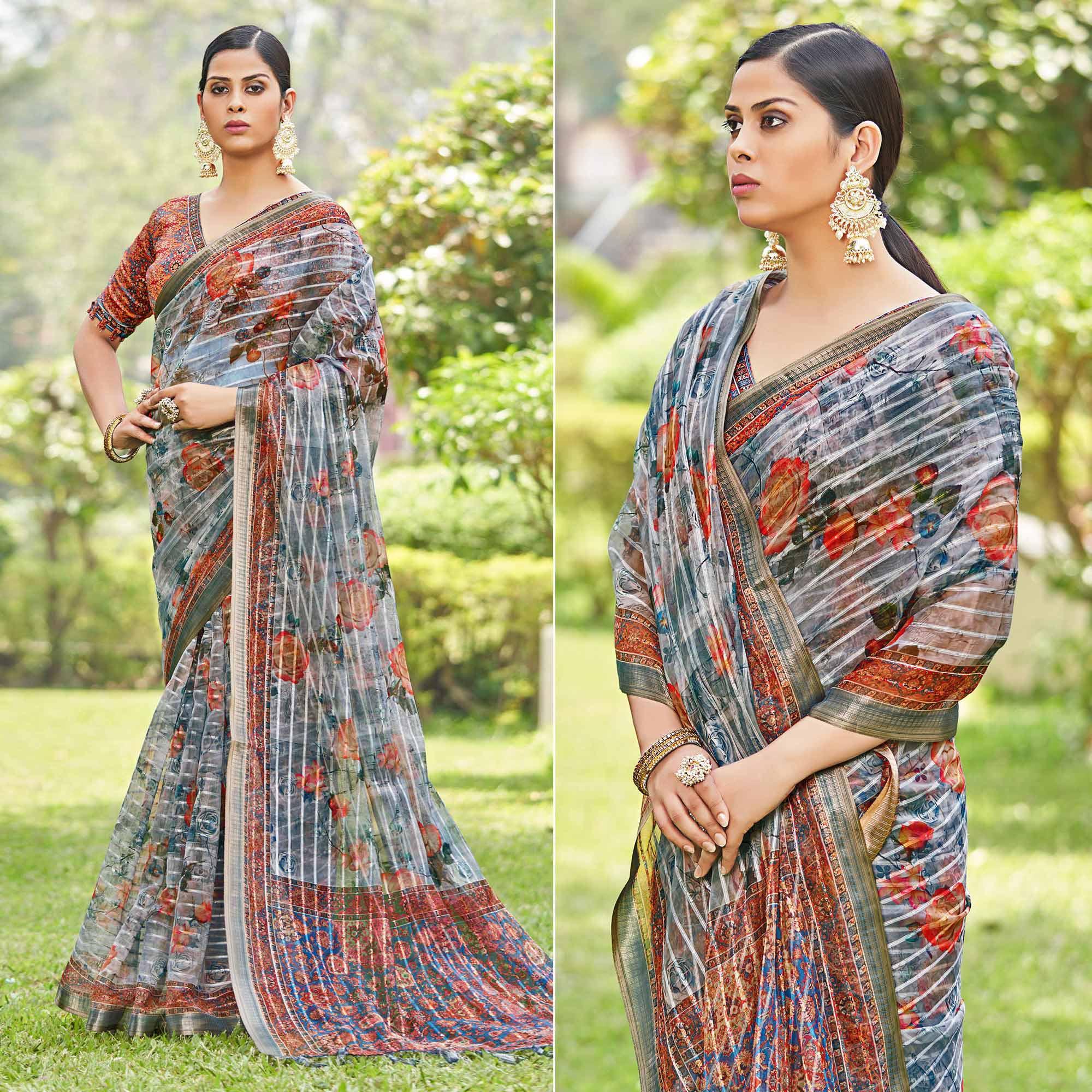 Grey Floral Digital Printed With Sequence Linen Saree - Peachmode