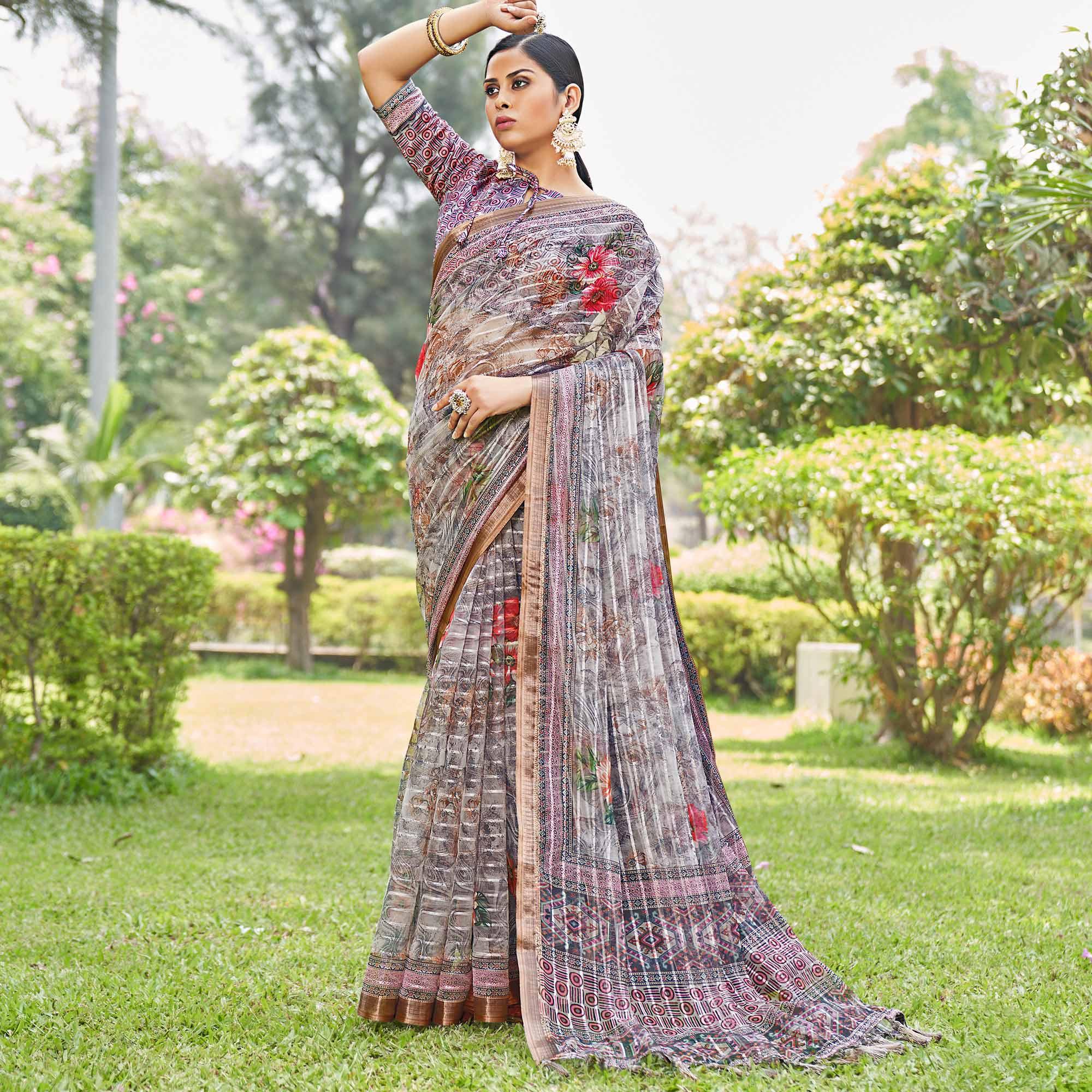 Grey Floral Digital Printed With Sequence Linen Saree - Peachmode