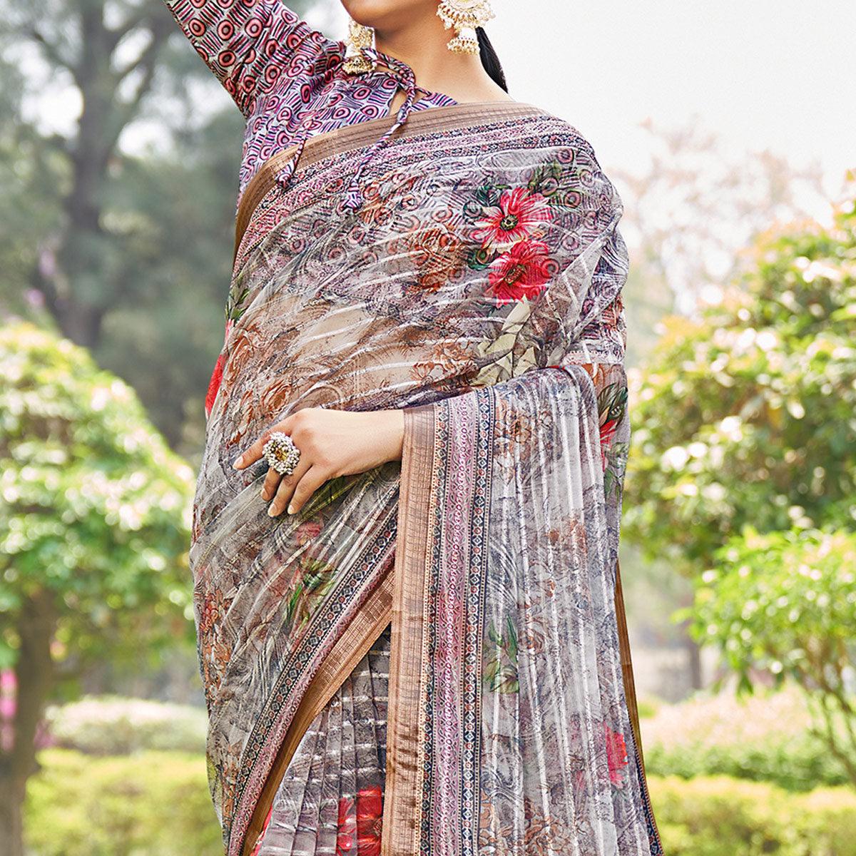 Grey Floral Digital Printed With Sequence Linen Saree - Peachmode