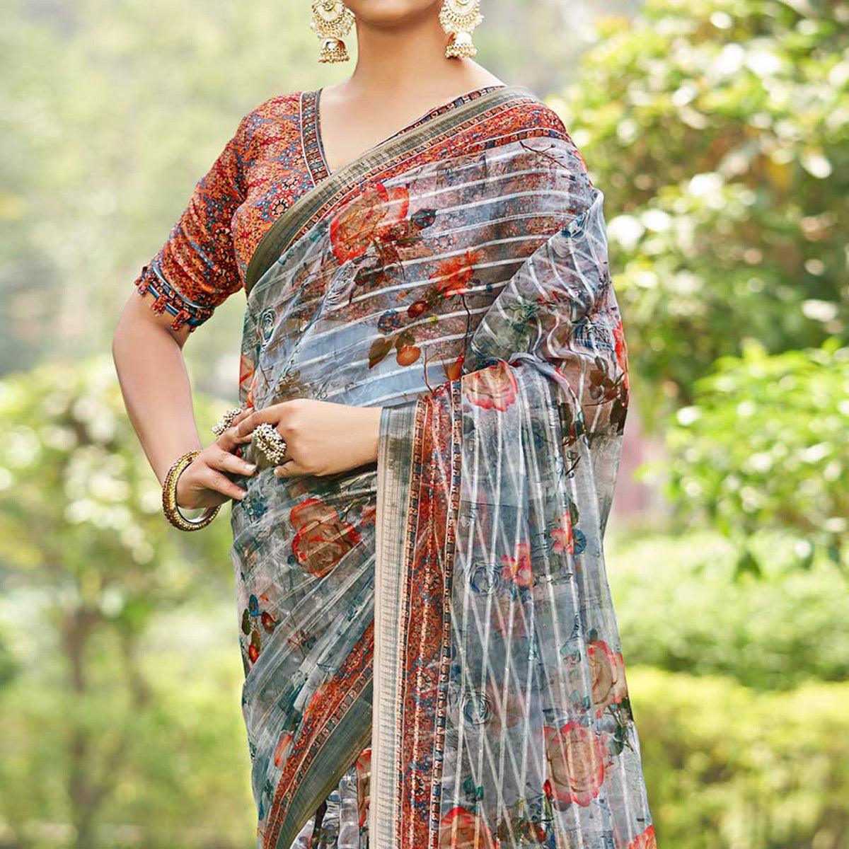 Grey Floral Digital Printed With Sequence Linen Saree - Peachmode