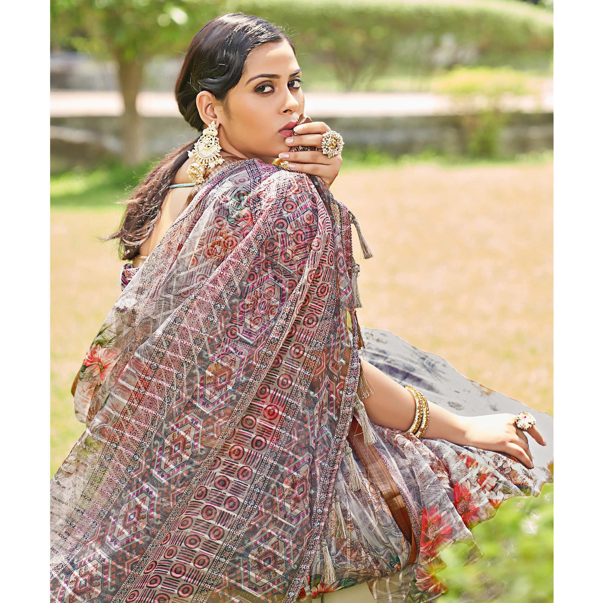 Grey Floral Digital Printed With Sequence Linen Saree - Peachmode