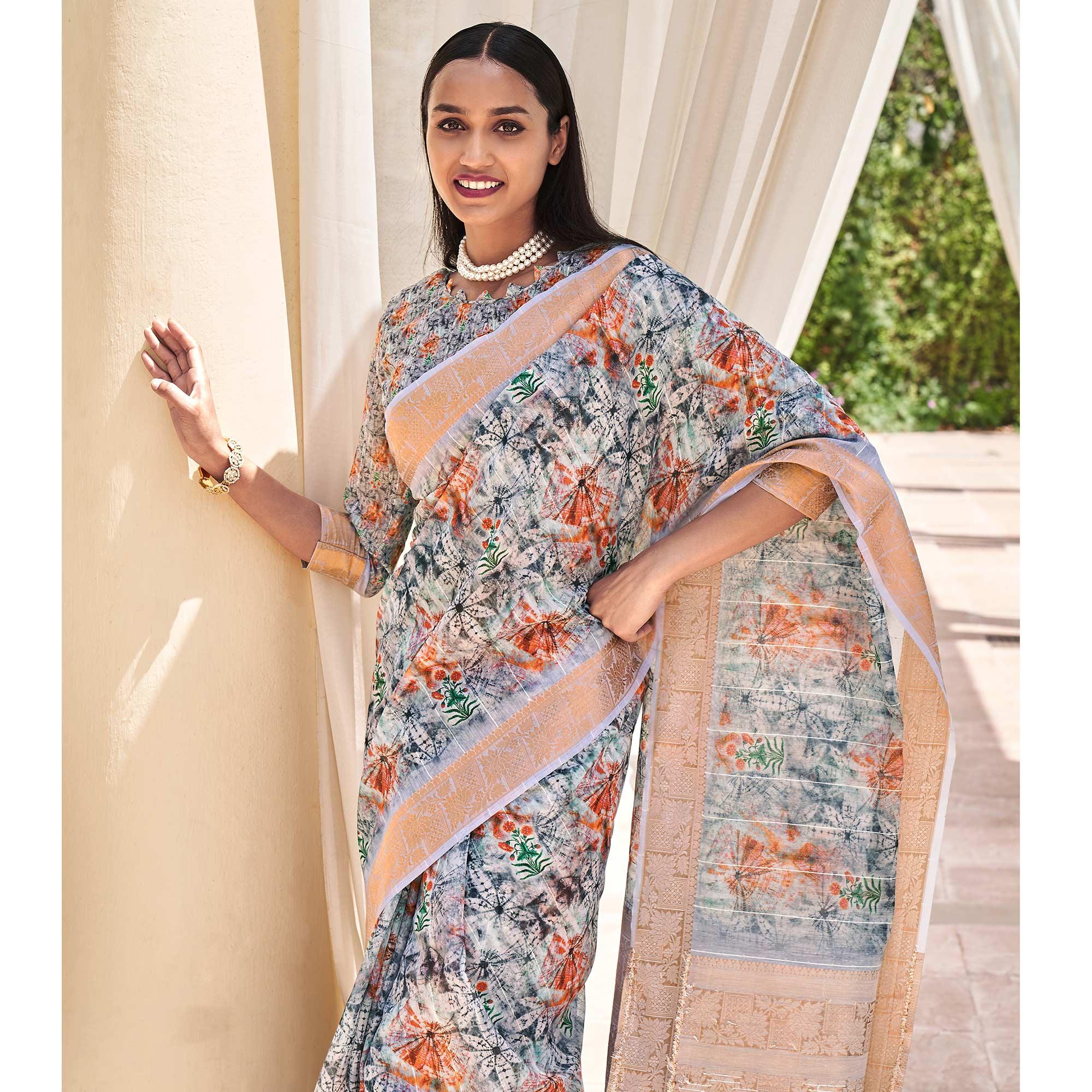 Grey Floral Digital Printed With Sequence Linen Saree - Peachmode
