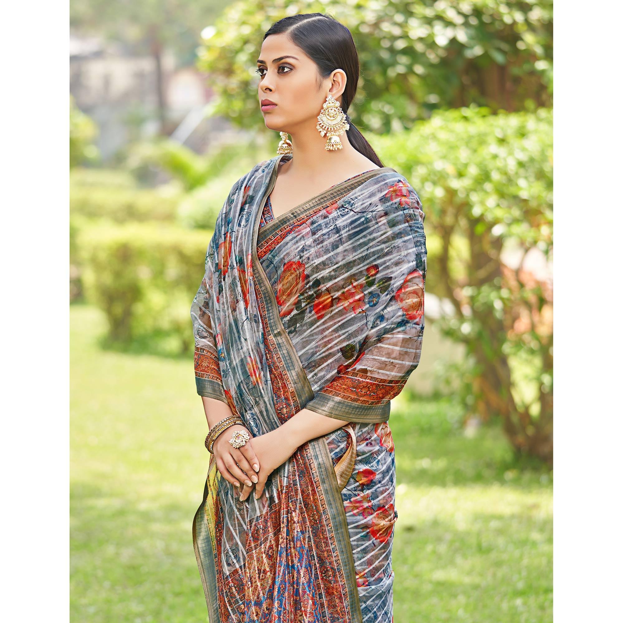 Grey Floral Digital Printed With Sequence Linen Saree - Peachmode