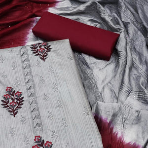 Grey Floral Embroidered Art Silk Dress Material - Peachmode