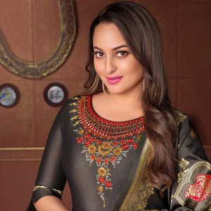 Grey Floral Embroidered Art Silk Kurti Pant Set With Dupatta - Peachmode