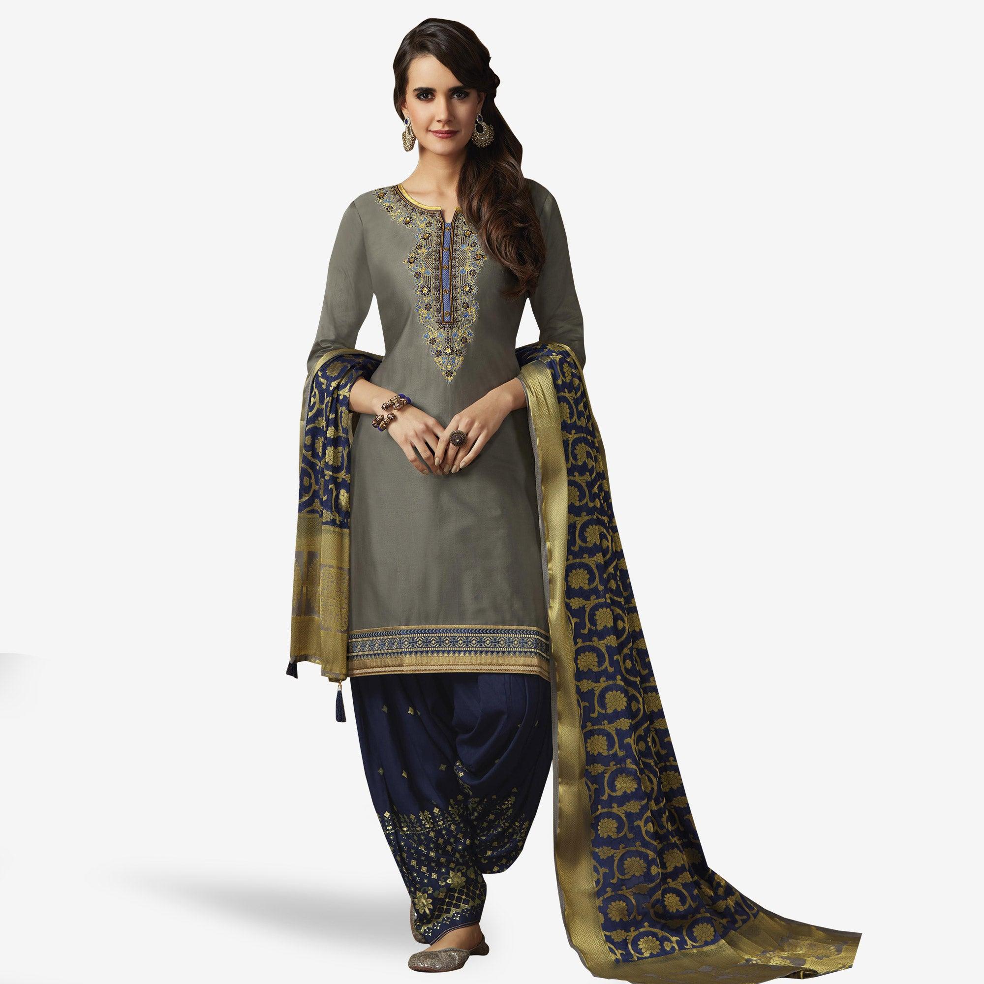 Grey Floral Embroidered Art Silk Patiala Suit - Peachmode