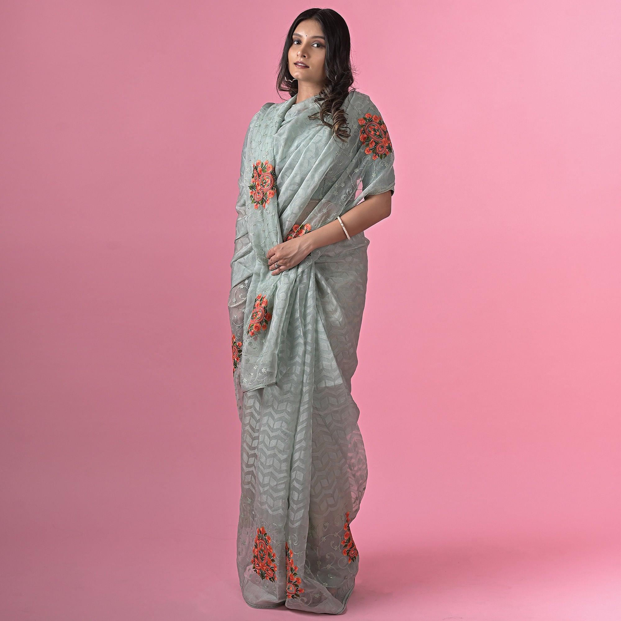 Grey Floral Embroidered Brasso Saree - Peachmode